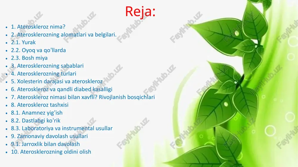 ta’sir qiladi va miokardga kislorod va ozuqa moddalari borishini yomonlashtiradi. yurak oziqlanish intensivligining o’zgarishiga o’ta sezgir bo’lgan organlardan biridir. bu hususiyat bo’yicha faqat miya undan ustun turadi. kasallik alomatlari darhol rivojlanadi, bemorning his-tuyg’ularini to’g’ri talqin qilish muhimdir. 2.2. oyoq va qo’llarda qo’lda yoki oyoqlarda sovuqlik his qilish; qo’llar yoki oyoqlar uzoq vaqt davomida bir xil noqulay vaziyatda bosilib qolgani kabi, ya’ni oyoq-qo’llarning uyushib qolishi; terining oqimtirligi: teri oqimtir tusda bo’ladi va tomir naqshlari aniq ko’rinadi (terining marmar rangi). 2.3. bosh miyada bu a’zo oziqlanish kasalliklariga eng sezgirdir, ammo asosiy alomatlar nafaqat aterosklerozga xos bo’lishi mumkin. masalan miyaning qon aylanishi bilan bog’liq muammolar osteoxondroz, vertebrobazilyar yetishmovchilik va boshqa kasalliklarda kuzatiladi. 3. aterosklerozning sabablari jins. erkaklar ateroskleroz rivojlanishiga ayollarga nisbatan ko’proq moyil bo’lishadi. yosh. bu tabiiy xavf omilidir. yosh o’tishi bilan aterosklerotik jarayonlar kuchayadi. irsiyat. albatta, bu ham ateroskleroz paydo bo’lishining sabablaridan biridir. zararli odatlar. chekish — tana uchun zaharidir. bu odat …