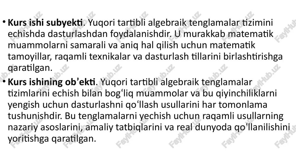 tahlil qilish va tushuntirishdan iborat. bunga quyidagilar kiradi: yuqori tartibli tenglamalar bilan bog'liq muammolarni o‘rganish. python kabi dasturlash tillari yordamida ushbu raqamli usullarni amalga oshirish. murakkab tenglamalar bilan bog‘liq real muammolarni yechishda dasturlashning amaliy qo‘llanilishini ko‘rsatish. ushbu topshiriqlarni bajarish orqali talabalar murakkab matematik muammolarni hal qilishda matematika, dasturlash va hisoblash texnikasi o‘rtasidagi kesishuv haqida har tomonlama tushunchaga ega bo‘ladilar. kurs ishining tuzilishi. yakuniy kurs ishi kirish, ikki bob, xulosa va foydalanilgan adabiyotlardan iborat. kirish qismida mavzuning dolzarbligi asoslanadi, maqsad va vazifalari, tadqiqot ob’ekti va predmeti, ishning amaliy ahamiyati aniqlanadi. asosiy qismda tadqiqot maqsadiga erishish uchun vazifalar izchil hal qilinadi. birinchi bobda o‘rganish mavzularining nazariy asoslari keltirilgan. ikkinchi bob uning amaliy rivojlanishiga bag‘ishlangan. tadqiqot natijalari bo‘yicha xulosada keltirilgan. ro‘yxat adabiyotlarni o‘z ichiga oladi. i bob. raqamli hisoblash uchun python dasturlash tili 1.1. algebraik tenglamalar tizimini yechishning turli sohalardagi ahamiyati algebraik tenglama — chap tomoni nomaʼlumlardan tuzilgan koʻphaddan iborat boʻlgan tenglama. nomaʼlum …