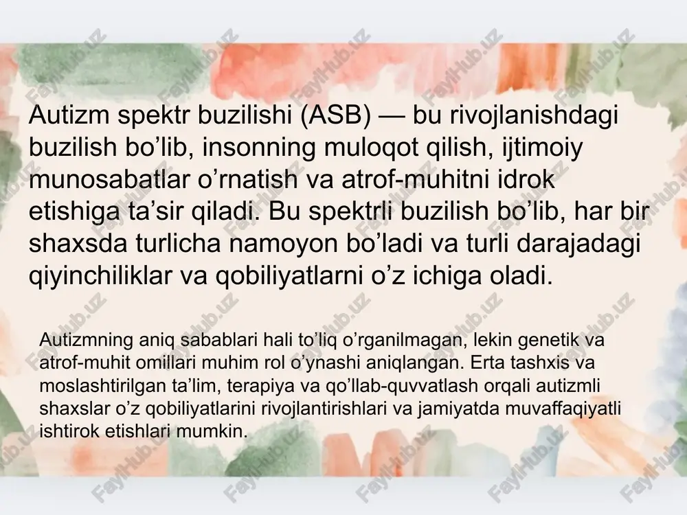 avjud, ammo bu rasman tasdiqlanmagan: 1. albert eynshteyn • eynshteyn bolaligida gapirishda kech qolgan va ijtimoiy muloqotda qiyinchiliklarga duch kelgan, bu esa asperger sindromi yoki autizm spektriga tegishli bo‘lishi mumkinligi haqida taxminlarni keltirib chiqargan. 2. nikola tesla • tesla o‘zining ekstremal diqqat markazi va qat’iy odatlari bilan mashhur bo‘lib, ba’zi odamlar uning xulq-atvorini autizm spektriga bog‘lashgan. image1.jpeg image2.jpeg image3.jpeg image4.jpeg image5.jpeg image6.jpeg thinking in picture