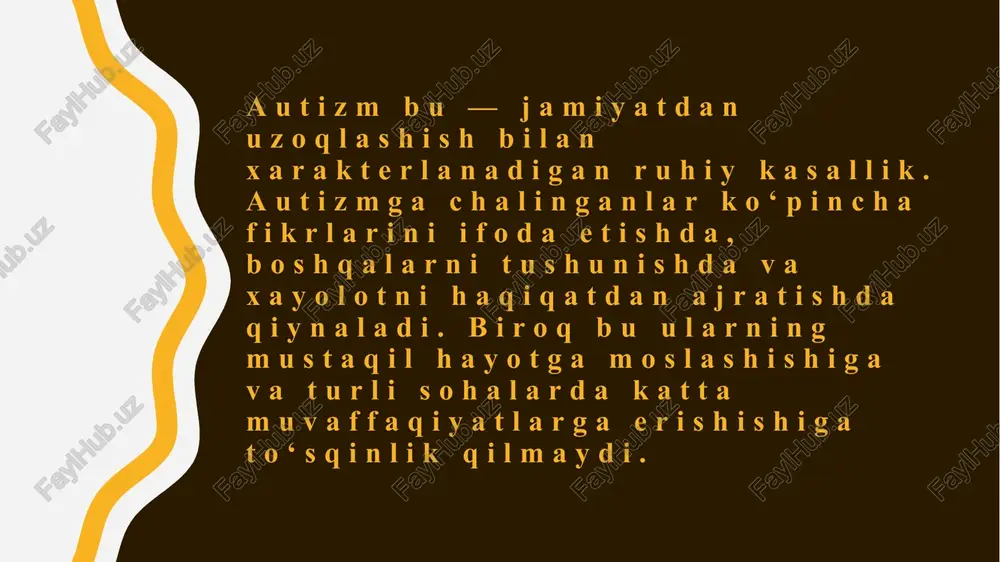 n degan fikrga qo‘shiladi. bunday fikr yuritish uchun bir qancha sabablar bor. bolaligida uning xatti-harakati tengdoshlaridan sezilarli darajada farq qilardi. van gog jiddiy, o‘ychan, do‘stlari bo‘lmagan yigit sifatida tavsiflangan. bundan tashqari, xizmatchilar uning g‘alati va zerikarliligini aytishadi. ota-onasi hatto “g‘alati” xatti-harakati uchun uni jazolaydi va uni og‘ir tabiatli bola deb atashadi. lekin qo‘shnilari vinsentni aksincha, xushmuomala, mehribon, saxovatli va oqko‘ngil inson sifatida ta’riflashadi. rassomning o‘zi bolaligini “qorong‘i, sovuq va bo‘sh” deb ta’riflagan. ikkinchi sabab — uning erta o‘limi. u 37 yoshida o‘z joniga qasd qiladi. biograflarning ta’kidlashicha, rassomning ongida turli o‘zgarishlar bunga sabab bo‘lgan. shunga qaramay, qisqa umri davomida van gog juda mashhur bo‘lgan ko‘plab asarlar yaratdi. endi rassomning suratlari kimoshdi savdosiga qo‘yilgan eng qimmat buyumlar qatoriga kiradi. greta tunberg shifokorlar unga 11 yoshida asperger sindromi tashxisini qo‘yishdi — o‘shanda u birinchi marta tushkunlikka tushib, gapirishni va ovqatlanishni xohlamay qolgan. uning qiziqishlari ko‘pincha autistik buzilishi bo‘lgan odamlarda bo‘lgani kabi cheklangan …