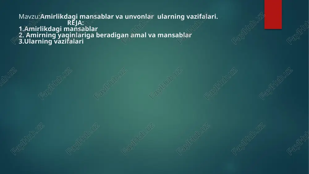 day vaziyatda arkni tashlab chiqishi mumkin bo`lmagan. “qo`shbegi kalon”ning huquqi boshqa vazirlarnikidan ortiq bo`lgan, u hibsga olish, jazo berish, qatl qilish, gunohkor molini musodara etish huquqlariga ega bo`lgan. “majma` ul-arqom” asarida mansablarni darajalarga bo`lib, qimmatli ma`lumotlarni keltirgan. “majma` ul-arqom” ma`lumotiga qaraganda eng oliy mansab qoziylar mansabi bo`lgan. ulardan oliy darajada shayx ul-islom unvoni, keyin qozi ul-quzzot, uchinchisi qozi askar, to`rtinchisi viloyat qozisi bo`lgan. “ko`kaldosh”. amirning eng yaqin kishilaridan bo`lib, uning dushmanlari, do`stlari va xayri-xohlaridan xabardor bo`lib turgan. ”qo`shbegi kalon” – katta qo`shbegi. ovchilar, ovchilik asboblari, qushlar va itlardan xabardor bo`lib turadigan amaldor.97 ”inoqi kalon” – katta inoq. umaro, shogirdpeshalar va boshqa-larga amir suhbatiga musharraf bo`lgan yoki bo`lmaganlari to`g`risida xabar bergan. “xo`jai kalon” – katta xo`ja. saroy mahramlarining kattasi. amir harami eshigining posboni. haramga lozim bo`lgan oziq-ovqat va kiyim-kechaklarni yetkazib bergan. yuqorida zikr etilgan amallarning amir atrofida maxsus o`rinlari bo`lgan. bular ahli qalamdan alohida turgan. amir ijozati bilan “devonbegi kalon” saroyga …