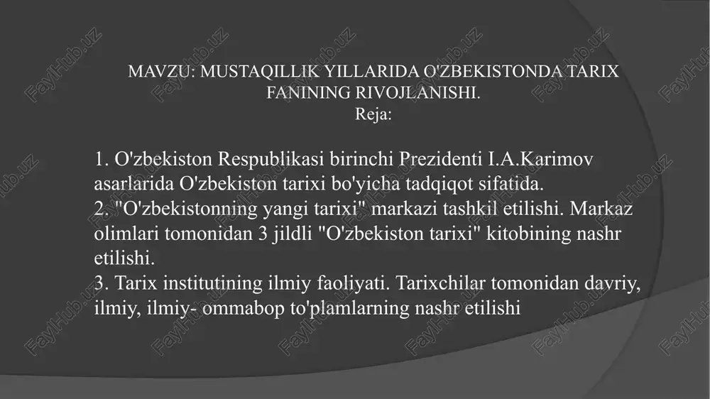 ing rahbari i. a. karimov 1989- yil 20- sen¬tabrda moskvada bo‘lib o‘tgan kpss mq sining ple¬numida so‘zlagan nutqida res¬publikalar bilan ittifoq o‘rtasidagi vakolatlarni aniq-ravshan ajratib qo‘yishni ko‘zda tutadigan yangi shartnoma ishlab chiqish zarurligi to‘g‘risida o‘z fikrini bildirib: „ biz ittifoq va respublikalarning vazifa¬larini, burchlarini va o‘zaro majburiyatlarini aniq-ravshan belgilab qo‘yish, respublikalar mustaqilligini har jihatdan mustah¬kamlash tarafdorimiz“, — degan edi. biroq markaziy hokimiyat respublikalarga erkinlik berish haqidagi talab-takliflarni e’tiborga olishni istamas, to‘g‘rirog‘i ular¬ga erkinlik berishni xohlamas edi. markazning qaysarligi hamda respublikalar jamoatchiligining ta’siri ostida markazdan ajralish harakati kuchayib bordi. tarix fanida yangi dunyo qarashlar. tarixga qiziqishning ortishi. o‘zbekiston prezidenti i. karimov asarlarida o‘zbekiston tarixi bo‘yicha tadqiqot sifatida. o‘zbekiston respublikasi vazirlar mahkamasining «o‘zbekiston fa tarix instituti faoliyatini takomillashtirish» haqidagi (1998 yil) qarori. 1996 yilda o‘zbekiston respublikasi prezidenti huzuridagi davlat va jamiyat qurilishi akademiyasi huzurida “o‘zbekistonning yangi tarixi” markazi tashkil etilishi. markaz olimlari tomonidan 3 jildli “o‘zbekiston tarixi” kitobining nashr etilishi. o'zbekiston respublikasi …