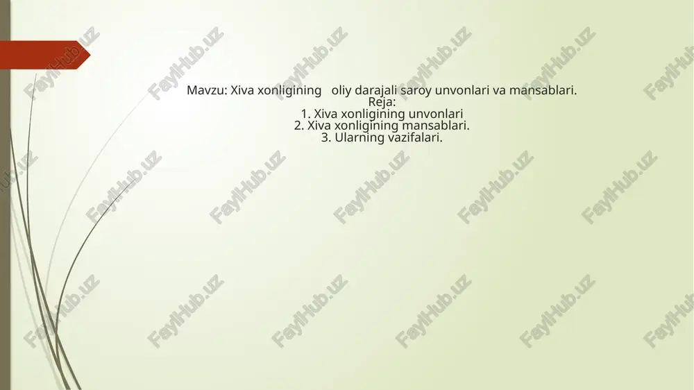 ega bo‘lganlar. kengash majlislari masalaning muhimligiga qarab, xon tomonidan chaqirilar edi. xiva xonligining bayrogi va gerbi xon saroyidagi unvon va mansablar. unvonlar orasida eng kattasi inoq edi. odatda inoqlar eng qudratli o‘zbek urug‘laridan tayinlangan hamda hamda ular xonning eng yaqin maslahatchilari bo‘lgan. inoqlar yirik amaldor, ya’ni urug‘ boshlig‘i hisoblangan. abulg‘ozixon tantanali marosimlarda o‘tirish uchun inoqlarga o‘z yonidan to‘rtta joy ajratgan. inoqlar biy, sulton, mingboshi kabi unvonlarni ham olganlar. xx asr boshlariga kelib inoqlar bek martabasiga tushib, oliy saroy amaldorlaridan ma’muriy mansab egalariga aylanadilar. otaliq – urug‘ oqsoqoli. inoq boshliq to‘pa (guruh) ga birlashgan urug‘ boshlig‘i. xonning eng yaqin maslahatchilaridan biri bo‘lgan. otaliq qilich va pichoq taqib yurgan. xiva xonligi chegara xaritasi biy – saroy unvoni. inoq va otaliqdan keyingi martaba. biy qabila va urug‘ning boshlig‘i hisoblanib, ko‘chmanchi va yarim ko‘chmanchi turkiy xalqlarning, jumladan o‘zbeklarning urug‘ oqsoqollariga beriladigan unvon edi. xvii-xix asrlarda biylar yirik o‘zbek qabila va urug‘lariga boshchilik qilib, faqat …