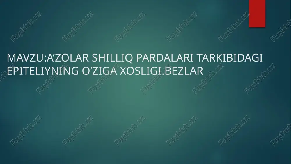 araydi va odatda suyuqlik yoki havo taʼsiri ostida boʻladi. bazal qism – hujayralarning pastki tomoni. masalan, ichak hujayralarining apikal qismi barmoq shaklidagi tuzilmalarga ega, ular ozuqa moddalarini soʻrish uchun sirt maydonini oshiradi. bez, bezlar (glandulae) — 1) organizmning normal hayot faoliyati uchun zarur boʻlgan va oʻziga xos maxsus shiralar (sekret) ishlab chiqaradigan hujay-ralar yoki koʻp hujayrali aʼzolar gipotalamus, o'rta miyaning kichik maydoni hisoblanadi, uni endokrin tizim bilan bog'laydi. portal vena tizimi orqali u gipofiz bezi bilan aloqada bo'lib, uning gormonlarini chiqarishni tartibga soladi me'da osti bezi aralash bez bo'lib, to'qimasining 98-99% i tashqi sekretsiya funksiyasini bajarib, ovqat hazm qilishda ishtirok etuvchi fermentlarni ishlab chiqara¬di. bez to'qimasining 1-2% i, ya'ni langergans orolchasi deb ataluvchi qismi ichki sekretsiya funksiyasini bajaradi. etiboringiz uchun raxmat! image6.png image7.png image8.png image9.png image10.jpeg image11.jpeg image12.jpeg image2.png image3.png image4.png image5.png arxiviuz th. yuzast shilliq parda bilan qoplangan, asostl est ko'ndalang-t2rg’tl mmushak hostl qlladi. bu mushakelng twalllshl har xll …