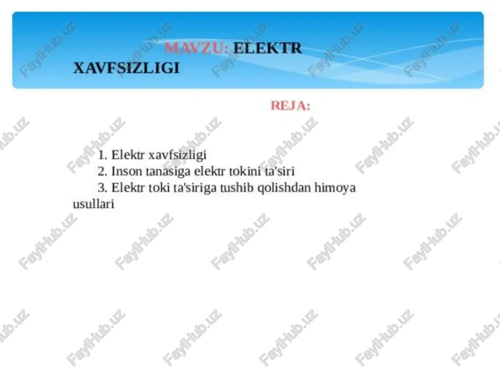 otgan tok siljish-tokini qarshiligiga va yerga nisbatan tarmoqni hajmiga bog'liq bo'ladi. fazalardan biri yerga ulanib qo'ladi (tarmoqni avariya holatida) inson uchun havf keskin oshadi, chunki shu holatida inson chiziqli kuchlanishga yaqin bo'lgan qiymatiga uchraydi. inson uchun eng xatarlisi bir paytda ikki fazaga ulanib qolishi. elektr toki shikastlanishi-bu, elektr toki ta’sir etishi natijasida corganizmning ayrim joylaridagi to’qimalarning yaqgol shikastlanishidir. elektr toki shikastianishining quyidagi turlari bilan farqlanadi: elektr tokidan kuyish, terining metallanishi va mexanik shikastlanishlar. elektr ta'siridan kuyish, asosan organizm bilan elektr o'tkazgich o'rtasida kuchlanish yoyi hosil bo'iganda sodir bo'ladi. elektrdan kuyish 4-darajada ifodalanadi 1-daraja, terining termik qizarishi; 2-daraja, pufakchalar hosil bo'ishi 3-daraja, teri yuzasining mo'rtlanishi; 4-daraja, teri to'gimasining to'liq kuyib ketishi. elektr_toki_urishi deganda, organizm orgali elektr toki o'tganida mushaklaming ixtiyorsiz ravishda tortishib qolishi tushuniladi. odam organizmiga elektr tokining ta'siri ganday ogibatlarga olib ketishiga qarab, elektr toki urishini shartli ravishda quyidagi 4-darajaga ajratish mumkin: hdaraja-odamning mushaklari tortishib qoladi, ammo u_hushidan ketmaydi; i-daraja-odamning …
