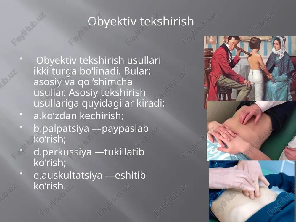 teri va tanosil kasalliklari; h) ruhiy kasalliklar; i) yuqumli kasalliklar; j) sil kasalliklari; k) onkologik kasalliklar; l) zararli odatlari. subyektiv tekshirish usullari, asosan, so‘rab bilish orqali amalga oshiriladi. so‘rab bilish — kasallikni so‘rab bilish, odatda, umumiy, ya’ni «pasport» ma’lumotlarni aniqlashdan boshlanadi. yoshning ahamiyati shundan iboratki, ayrim bir kasalliklar — bo‘g‘ma, difteriya, qizamiq, qisman revmatizm va boshqalar faqatgina yoshlargagina xos kasalliklardir, boshqa, masalan, ateroskleroz, yomon sifatli o‘smalar, miokard infarkti, gipertoniya kasalliklari yoshi ulg‘aygan, qarilarda ko‘proq uchraydi. bemor yoshining uning tashqi ko‘rinishiga mos kelishi ham ahamiyatga ega. agar bemor o‘z yoshiga qaraganda qariroq ko‘rinsa, bu hol uning yaqinda og‘ir, silla qurituvchi kasallikni boshidan kechir- ganidan yoki hozirgi vaqtda shunday kasallik bilan og‘riyotganidan guvohlik beradi. aksincha, bemor o‘z yoshidan yosh ko‘rinsa, bu hol unda endokrin bezlar o‘zgarishi borligi haqida taxmin qilishga asos beradi. e’tiboringiz uchun rahmat… foydalanilgan adabiyotlar : ziyo.uz , arxiv.com image2.jpeg image3.jpeg image4.jpeg image5.jpeg image6.jpeg image7.jpeg image8.jpeg image9.jpeg image10.jpeg image11.jpeg image12.jpeg …