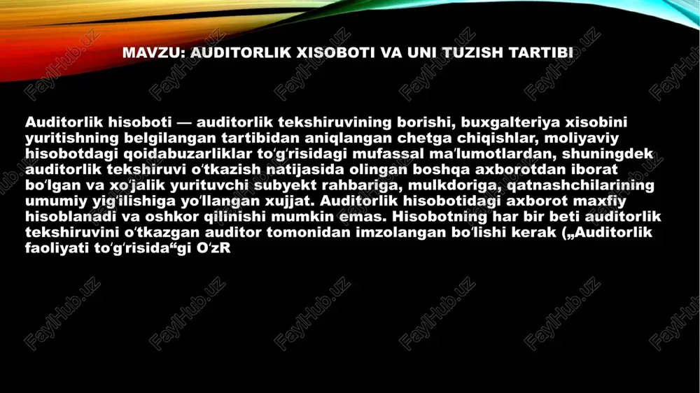 teriya hisobi toʻgʻrisidagi qonun hujjatlari talablariga muvofiqligiga; moliyaviy hisobotda aks ettirilgan axborotning ishonchli, qiyoslanuvchanli, tushunarli va oʻrinli ekanligiga; moliyaviy hisobotning buxgalteriya hisobi va moliyaviy hisobotni tuzishga doir normativ-huquqiy hujjatlar talablariga muvofiqligiga. auditorlik xulosasida auditorlik tashkilotining ijobiy yoki modifikatsiyalangan fikri ifodalanishi mumkin. xoʻjalik yurituvchi sub’yektning moliyaviy hisoboti barcha muhimlilik munosabatlarida uning moliyaviy ahvolini, moliyaviy natijalarini haqqoniy aks ettirsa va buxgalteriya hisobi toʻgʻrisidagi qonun hujjatlariga muvofiq kelgan hollarda ijobiy fikr bildiriladi. “auditorlik faoliyati to‘g‘risida”gi o‘zbekiston respublikasi qonuniga o‘zgartishlar va qo‘shimchalar kiritish haqida lexuz sharhi mazkur qonun o‘zbekiston respublikasining 2021-yil 25-fevraldagi o‘rq-677-sonli “auditorlik faoliyati to‘g‘risida”gi qonuniga asosan 2021-yil 27-maydan o‘z kuchini yo‘qotadi. o‘zbekiston respublikasi oliy majlisi qaror qiladi: 1992-yil 9-dekabrda qabul qilingan “auditorlik faoliyati to‘g‘risida”gi o‘zbekiston respublikasi qonuniga (o‘zbekiston pecpublikasi oliy kengashining axborotnomasi, 1993-yil, № 1, 15-modda; o‘zbekiston respublikasi oliy majlisining axborotnomasi, 1999-yil, № 5, 124-modda) o‘zgartishlar va qo‘shimchalar kiritilib, uning yangi tahriri tasdiqlansin (ilova qilinmoqda). o‘zbekiston respublikasining prezidenti i. karimov toshkent sh., …
