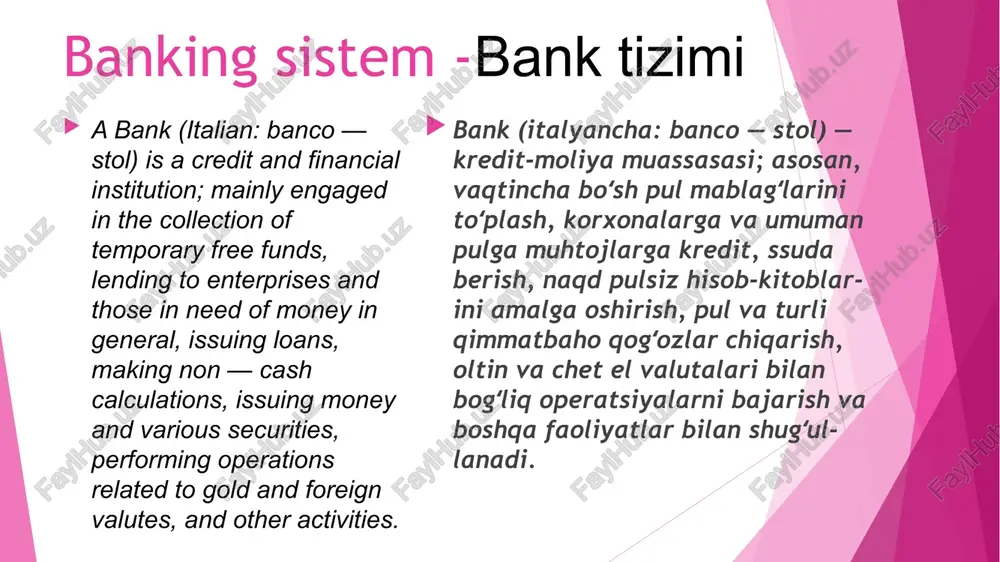 t, providing loans with or without interest, execution of stock orders, buying securities, shares, completing customer assignments, providing loans against the pledge of goods or goods documents, as well as any other cash and non-cash settlement operations. joriy yoki boshqa hisob varaqqa pul qabul qilish, foizi bilan yoki foizsiz kreditlar berish, birja topshiriqlarini bajarish, qimmatbaho qogʻozlar, aksiyalar sotib olish, mijozlarning topshiriqlarini bajarish, tovarlar yoki tovar hujjatlari garovi hisobiga ssudalar berish, shuningdek boshqa har qanday pulli va naqd pulsiz hisobkitoblar boʻyicha operatsiyalar kiradi. 1991 for the purpose of creating an independent banking system in uzbekistan. february 15 at the session of the supreme council of the republic, the law of the republic of uzbekistan "on banks and banking activities", which defines the legal basis of b.'s activity in the territory of the republic, was adopted, and from that moment on, a real, independent banking system of the republic began to form. …