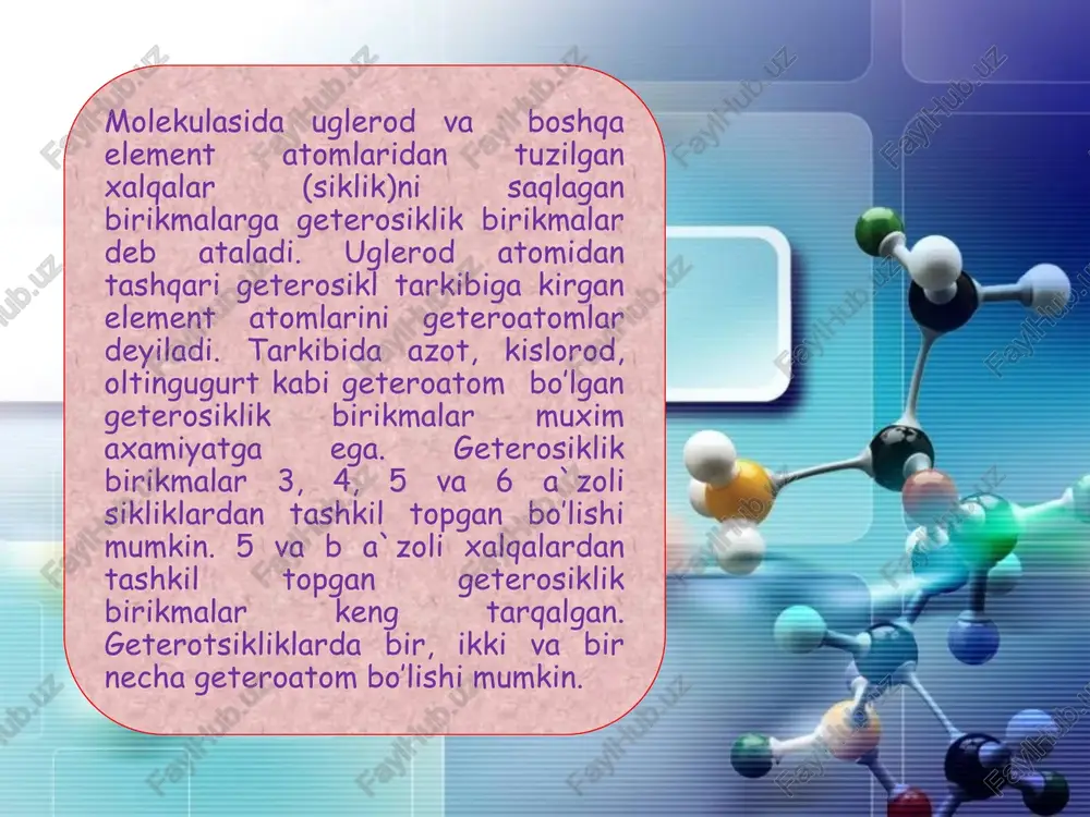 uradi. pirrol xlor, brom, xattoki yod bilan elektrofil o’rin almashinish reksiyasiga kirishadi. masalan: ishqoriy muxitda pirrolning to’rtta vodorodi yodga almashi-nadi, natijada 2, 3, 4, 5 tetrayodpirrol xosil bo’ladi. pirrol rux kukuni va suyultirilgan xlorid kislota (zn + hcl) bilan gidrogenlab pirrolin rt yoki ni katalizatori ishtirokida vodorod yoki ni bilan gidrogenlanganda pirrolidinga aylanadi: furfurol (lotin tilidan furfur — kesib ol) — aldegid, yangi qora nonning hidi keladigan suyuq modda. olinishi: har xil qishloq xo’jaligi qoldiqlarini (kungaboqar ildizlari, somon)sulfat kislota bilan qaynatgatib olish mumkin.u suv bug’lari bilan birga haydaladi. qaynash temperaturasi: 161,7 °c; zichligi: 1,16 g/sm³ suvda oz eriydi, organik erituvchilarda yaxshi eriydi. furfurol pirrolinlar (digidropirrollar) olinishi: pirrolni gidrirlash yo’li bilan olinadi. 3ta izomeri mavjud: pirrolinlar 1-pirrolin 3-pirrolin 2-pirrolin pirrolidon kimyoviy formulasi: c4h7no molyar massasi: 85.11 g/mol zichligi: 1.116 g/sm³ suyuqlanish temperaturasi: 23-25 °c qaynash temperaturasi: 245 °c pirrolidon (γ-butirolaktam,pirrolidin – 2-on) – laktamlar sinfiga oid organik birikma, o’ziga xos hidli …