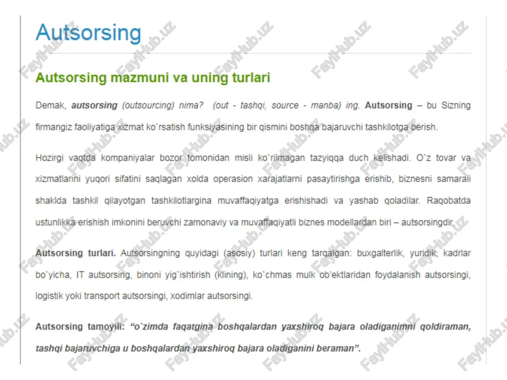 i mumkin + doimiy uzluksiz |. o'2 ishchi va xodimlaringizga siz yilikt mehnat tail, kasall nafagasi berishaa ‘majbursiz. autsorser firma doimiy ishlaydi ‘+ vagtni tejash. kadriami tanlash — vact talab qlladigan oddly bo"imagan masala hisoblanadi. sizoa zarur bo'lgan infratuziima, texnologiyalar va mutaxassislar bizda yetarlicha mavjud, + kafolatiangan sifat. autsorser firma o'z shtatida yugori malakali mutaxassislar komandasi mavjud va bunday loyihalamni bajarishda boy tajibaga ega autsorsingning afzalliklari va kamchiliklari foydasi: 1. vazifalarni bajarish xarajatlarini kamaytirish ixtisoslashgan firmalami jalb qilish tadbirkorni ish haqini to‘lash, sug‘urta badallarini hisoblash va to‘lash, shuningdek, boshqa tollovlami tolash zaruratidan ozod qiladi. bundan tashqari, kompaniya egallab oladi xarajatlar ishxonani saqlash va belgilangan harakatlaming kechikishi natijasida etkazilgan zararlar togtisida. 2. minimal shartlar va ijrochilarning professionalligi ixtisoslashgan tashkilotlar belgilangan vazifalaming eng qisqa muddatlarda bajarilishini kafolatlaydi. shartlari. gap shundaki, bunday tashkilotlar xodimlari orasida, qoida tariqasida, faqat tajribali va yugori malakali mutaxassislar bor. kundalik orgali ish ma'lum bir yonalishda xodimlar katta tajribaga …