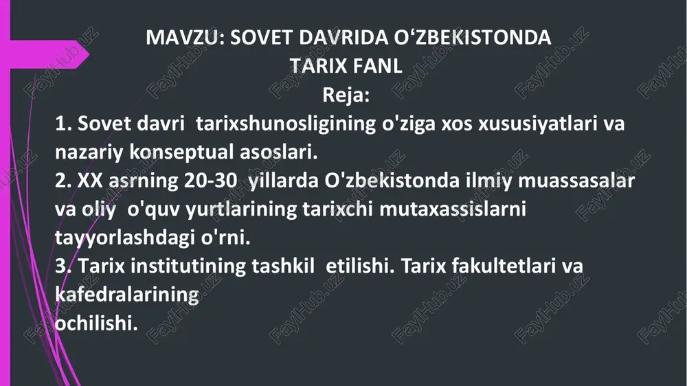 ilgan turkiston xalq universitetidir. sal keyinroq andijon, qo‘qon, samarqand, farg‘ona, jizzax va boshqa shaharlarda uning filiallari ochildi. 1919-yilda toshkentda fizioterapiya ilmiy-tekshirish instituti tuzildi. 20-yillarda tarix, tibbiyot, tabiiy fanlar sohasida qator ilmiy-tekshirish institutlari ochildi. 1920-yilda turkiston davlat universiteti (1923-yildan o‘rta osiyo davlat universiteti, 1960-yildan toshkent davlat universiteti, hozir- o‘zbekiston milliy universiteti) tashkil qilindi. keyinchalik mintaqadagi tabiiy boyliklarni o‘rganish maqsadida universitet negizida mustaqil oliy o‘quv yurtlari va fanning turli yo‘nalishlari bo‘yicha qator ilmiy muassasalar ochildi. 1940-yilda toshkentda 1932-yilda tuzilgan ilmiy komitet asosida o‘zbekistondagi sssr fa filiali tashkil etildi va shu vaqtdan boshlab filial o‘zbekistondagi bosh ilmiy-tadqiqot markazi bo‘lib kelayapti. o‘sha paytda uning tarkibiga geologiya, botanika, kimyo, suv xo‘jaligi muammolari (1941-yildan energetika instituti), tarix, til va adabiyot institutlari; tuproqshunoslik, zoologiya, fizika va matematika (geliotexnika laboratoriyasi bilan) bo‘limlari; toshkent astronomik observatoriyasi (kitob kenglik stansiyasi bilan); kartografiya va iqtisodiy tadqiqotlar byurosi kirgan. 1940-yilda o‘zbekistonning ilmiy-tekshirish institutlarida va oliy o‘quv yurtlarida 3 mingdan ortiq ilmiy va …