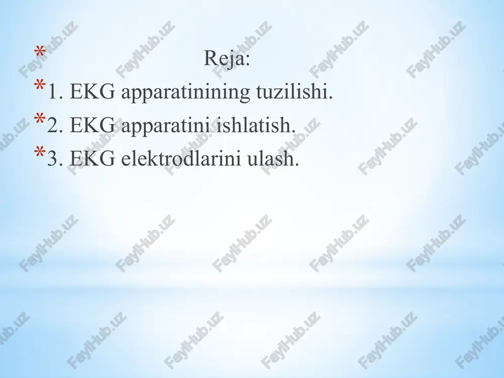 lararo soha; 6. chap qo‘ltiq osti o‘rta chizig‘i bo‘yicha beshinchi qovurg‘alararo soha. image1.jpeg image2.png vy l. medioclavicularis sinistra l. axillaris anterior l. axillaris mediana /docprops/thumbnail.jpeg * mavau: elektrokardiograf apparatlarida ishlash, elektrodlarni to’e’ri ulash.