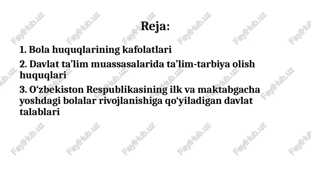 rels/drawing4.xml.rels ppt/diagrams/layout1.xml ppt/diagrams/drawing2.xml ppt/diagrams/colors1.xml ppt/diagrams/drawing1.xml ppt/diagrams/layout2.xml ppt/diagrams/quickstyle2.xml ppt/diagrams/colors2.xml ppt/media/image2.png ppt/media/image3.png ppt/media/image4.png ppt/media/image5.png ppt/diagrams/layout3.xml ppt/diagrams/quickstyle3.xml ppt/diagrams/colors3.xml ppt/diagrams/drawing3.xml ppt/media/image7.png ppt/media/image8.png ppt/media/image9.png ppt/diagrams/quickstyle5.xml ppt/diagrams/colors5.xml ppt/diagrams/drawing5.xml ppt/diagrams/layout4.xml ppt/diagrams/layout6.xml ppt/diagrams/quickstyle6.xml ppt/diagrams/colors6.xml ppt/diagrams/drawing6.xml ppt/media/image12.png ppt/diagrams/quickstyle4.xml ppt/media/image13.png ppt/diagrams/colors4.xml ppt/diagrams/drawing4.xml ppt/media/image14.png ppt/media/image10.png ppt/media/image11.png ppt/diagrams/layout5.xml ppt/diagrams/_rels/drawing2.xml.rels ppt/diagrams/_rels/drawing3.xml.rels ppt/viewprops.xml ppt/tablestyles.xml ppt/presprops.xml docprops/app.xml docprops/core.xml ppt/media/image1.jpeg ppt/media/image15.jpeg ppt/media/image16.jpeg ppt/media/image17.jpeg ppt/media/image18.jpeg ppt/media/image19.jpeg ppt/media/image6.jpeg ppt/slides/_rels/slide12.xml.rels ppt/slides/_rels/slide5.xml.rels ppt/slides/slide1.xml [content_types].xml _rels/.rels docprops/custom.xml reja : 1. bola huquqlarining kafolatlari 2. davlat ta’lim muassasalarida ta’lim-tarbiya olish huquqlari 3. o‘zbekiston respublikasining ilk va maktabgacha yoshdagi bolalar rivojlanishiga qo‘yiladigan davlat talablari qonun haqida qonunda uchraydigan asosiy tushunchalar : (3-modda) vasiylik va homiylik ota- ona qaramog‘idan mahrum bo‘lgan bolalarni ularga ta’minot , tarbiya hamda ta’lim berish , shuningdek ularning huquqlari , erkinliklari va qonuniy manfaatlarini himoya qilish maqsadida joylashtirishning huquqiy shakli . vasiylik o‘n to‘rt yoshga to‘lmagan , homiylik esa o‘n to‘rt yoshdan o‘n sakkiz yoshgacha bo‘lgan bolalarga nisbatan belgilanad