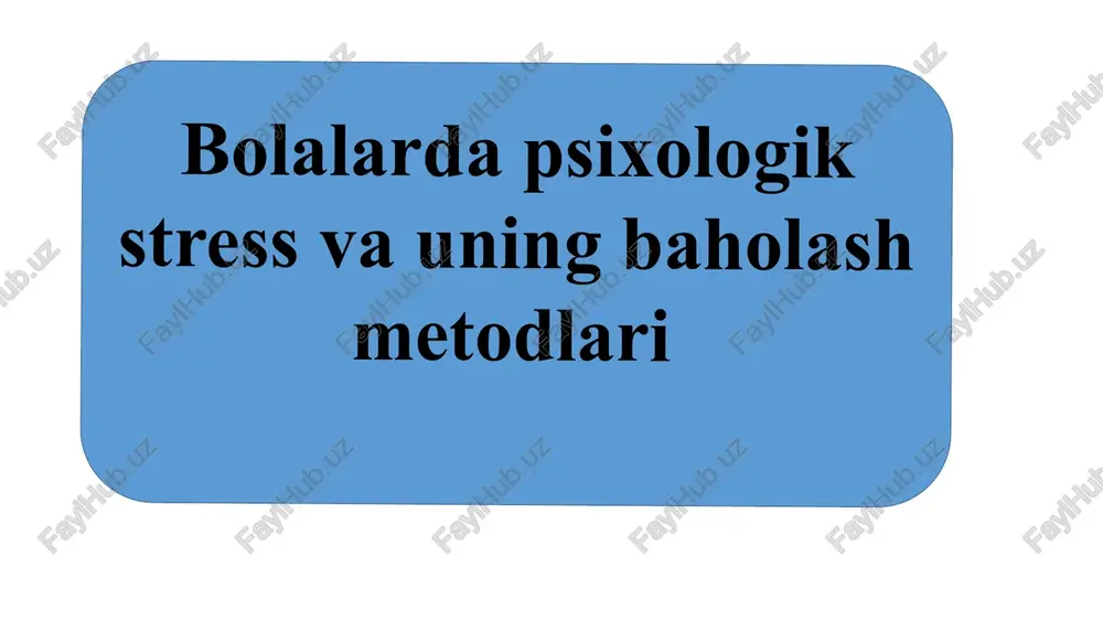 lar bilan munosabatlar ijtimoiy omillar, travmatik voqealar ham bolalarda stressning sababi bo'lishi mumkin. kambag'allik, diskriminatsiya, ijtimoiy izolyatsiya, baxtsiz hodisalar, tabiiy ofatlar va yaqin kishining o'limi bolaning ruhiyatiga og'ir ta'sir ko'rsatadi. 5 stressning bolalar organizmiga ta'siri jismoniy ta'sirlar bosh og'rig'i, qorin og'rig'i, uyqusizlik va immunitetning pasayishi stressning jismoniy ta'sirlari hisoblanadi. bu alomatlar bolaning umumiy salomatligiga ta'sir qiladi. emotsional ta'sirlar xavotirlik, qo'rquv, asabiylashish va depressiya stressning emotsional ta'sirlari hisoblanadi. bu his-tuyg'ular bolaning kayfiyatini buzadi va uning o'zini tutishiga ta'sir qiladi. xulq-atvorga ta'sirlar tajovuzkorlik, yolg'on gapirish. bu xatti-harakatlar bolaning ijtimoiy munosabatlariga zarar yetkazadi. uzoq muddatli ta'sirlar psixologik kasalliklarni keltirib chiqarishi va o'z joniga qasd qilishga urinishga sabab bo'lishi mumkin. shuning uchun stressni erta aniqlash va unga qarshi kurashish muhim. 6 bolalardagi stressni baholash usullari: kuzatuv xulq-atvordagi o'zgarishlar uyqu, ishtaha va o'yin faolligidagi o'zgarishlarni kuzatish orqali stressni aniqlash mumkin. bu o'zgarishlar bolaning emotsional holatini aks ettiradi. dmtt va uy sharoiti dmttda va uyda bolaning …