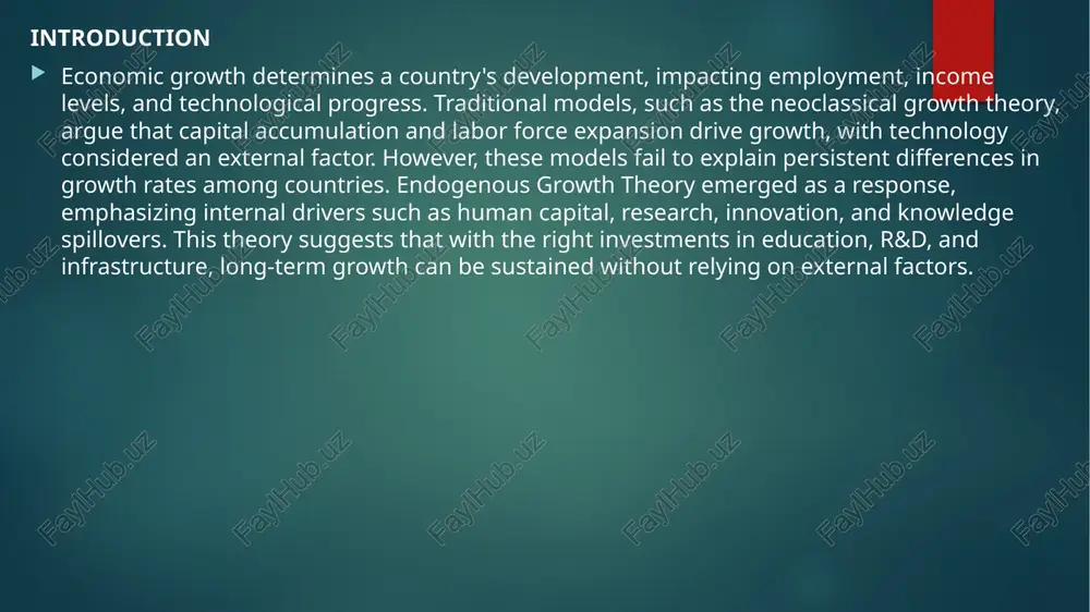 ning-by-doing effects and the impact of accumulated knowledge on production efficiency. these ideas collectively form the foundation of modern growth policies. key principles of endogenous growth unlike traditional models, endogenous growth theory asserts that: human capital development is a key driver of economic progress, as an educated and skilled workforce increases productivity. knowledge and innovation create increasing returns by improving efficiency, leading to sustained long-term growth. technology and research are not external forces but rather influenced by internal policies and investments. government intervention in education, infrastructure, and r&d is crucial for fostering a knowledge-based economy. spillover effects allow innovations in one sector to positively impact the broader economy, reinforcing continued expansion. the role of human capital human capital, which includes education, skills, and health, is a fundamental component of economic development. countries that invest heavily in education and training experience sustained growth, as skilled workers contribute to technological advancements and …