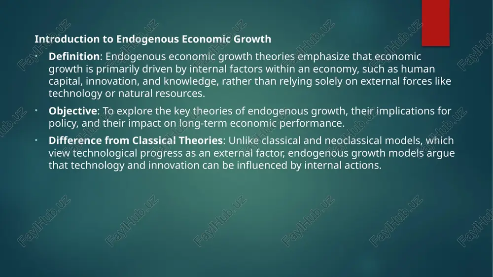 nd health to promote a more productive workforce. the innovation model (romer model) developed by: paul romer in the 1990s. focus: technological innovation and knowledge creation as the primary drivers of growth. endogenous technological change: unlike exogenous growth models, romer’s model shows that technological progress is the result of intentional actions like research and development (r&d) investment. knowledge spillovers: innovations lead to spillovers where other firms or individuals can use the new technologies, which accelerates growth. key features of the innovation model non-rivalry of knowledge: once knowledge is created, it can be used by many without diminishing its value. increasing returns to scale: investment in knowledge and innovation can lead to economies of scale that continue to foster more innovation. policy implications: governments should create favorable environments for r&d investment, protect intellectual property, and encourage private sector innovation. the capital accumulation model (ak model) developed by: robert barro and xavier …