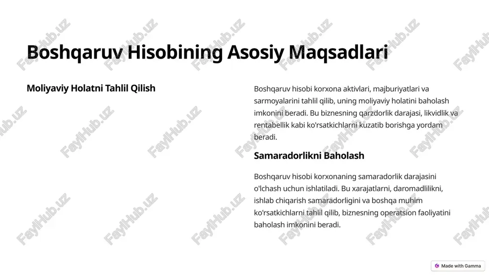 h boshqaruv hisobi jarayoni davomida nazorat qilish va tuzatish ishlari amalga oshiriladi. bu muhim ko'rsatkichlarning o'zgarishi, xarajatlarni nazorat qilish va biznesning samaradorligini oshirishga qaratilgan choralarni o'z ichiga oladi. 3 boshqaruv hisobining ahamiyati 1 samaradorlikni oshirish boshqaruv hisobi korxonaning samaradorligini oshirishga yordam beradi. bu xarajatlarni optimallashtirish, ishlab chiqarish samaradorligini oshirish va daromadlilikni kuchaytirish imkonini beradi. 2 qarorlarni qabul qilishni yaxshilash boshqaruv hisobi biznesning moliyaviy holati va samaradorligi haqida aniq va ishonchli ma'lumotlar beradi, bu esa rahbariyatga to'g'ri va xabardor qarorlar qabul qilishga yordam beradi. 3 xavflarni nazorat qilish boshqaruv hisobi biznesning moliyaviy xavflarini nazorat qilishga imkon beradi. bu xarajatlarni nazorat qilish, qarzdorlik darajasini kamaytirish va moliyaviy barqarorlikni ta'minlashga yordam beradi. 4 rivojlanishni rejalashtirish boshqaruv hisobi korxonaning kelajakdagi rivojlanishini rejalashtirish uchun muhim ma'lumotlar beradi. bu biznesning o'sish strategiyasini shakllantirish va investitsiyalarni samarali sarflashga yordam beradi. 4 boshqaruv hisobining asosiy ko'rsatkichlari 1 daromadlilik daromadlilik korxonaning foyda darajasini aks ettiradi va biznesning samaradorligini o'lchash …