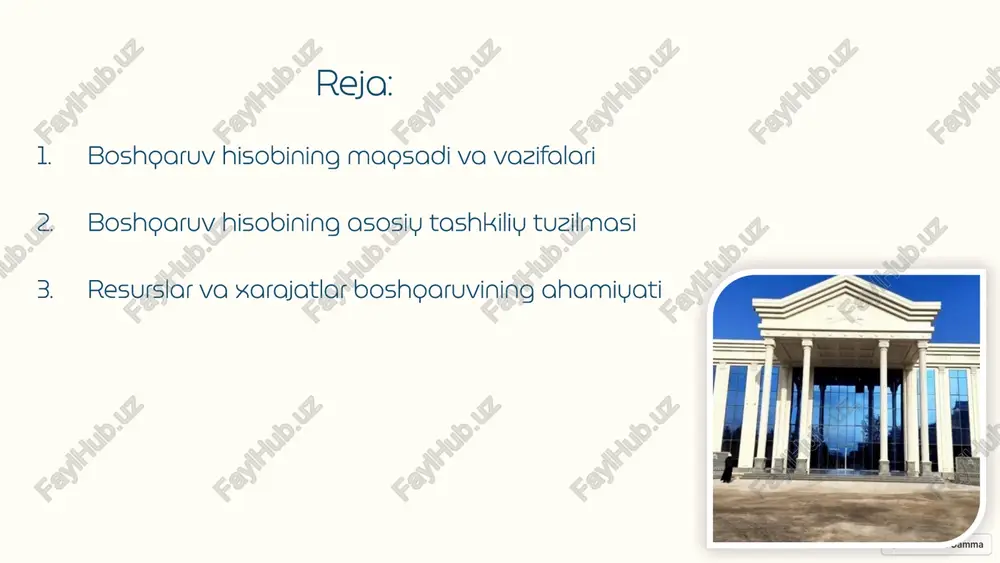 6 boshqaruv axborotining tashkiliy tizimi axborot yig'ish boshqaruv hisobida kompaniyaning ichki va tashqi axborotlar yig'iladi. axborotni qayta ishlash yig'ilgan axborotlar tahlil qilinadi, umumlashtiriladi va tartibga solinadi. axborotni taqdim etish qayta ishlangan axborotlar boshqaruv uchun kerakli shaklda taqdim etiladi. 7 boshqaruv qarorlarini qabul qilish uchun hisobotlar byudjet hisobotlari kompaniyaning xarajatlar va daromadlarini aks ettiradi. tahliliy hisobotlar kompaniya faoliyatining turli jihatlarini tahlil qiladi. loyiha hisobotlari kompaniyaning alohida loyihalari va dasturlarining natijalari. boshqaruv panellari kompaniya faoliyatining asosiy ko'rsatkichlarini tez ko'rish imkonini beradi. 8 resurslar va xarajatlar boshqaruvining ahamiyati 1 resurs taqsimoti kompaniyaning ichki va tashqi resurslarini samarali taqsimlash. 2 xarajatlar tahlili xarajatlarni turli jihatlardan, shu jumladan, dinamikasi, tarkibi va manbalaridan tahlil qilish. 3 samaradorlikni oshirish xarajatlarni qisqartirish va samaradorlikni oshirish bo'yicha chora-tadbirlar ishlab chiqish. 9 moliyaviy va nomolivaviy ko'rsatkichlar moliyaviy ko'rsatkichlar daromad, xarajatlar, foyda, rentabellik, likvidlik va boshqalar. nomolivaviy ko'rsatkichlar bozor ulushi, mijozlar qoniqish darajasi, innovatsiya ko'rsatkichlari, xodimlar samaradorligi va boshqalar. integratsiya moliyaviy …