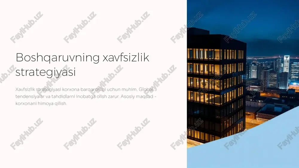 arkazini jismoniy himoya qilish darkor. kirishni nazorat qilish kartalar biometrik skanerlar kuzatuv kuzatuv kameralari signallash tizimlari 7 hodisalarga javob berish rejalari hodisaga javob berish rejasining elementlari bor. hodisalarni aniqlash va izolyatsiya qilish kerak. hodisalarni yo'q qilish va tiklash muhim. aniqlash hodisani aniqlash. izolyatsiya hodisani izolyatsiya qilish. yo'q qilish hodisani yo'q qilish. tiklash tizimni tiklash. 8 doimiy monitoring va takomillashtirish xavfsizlik tizimini monitoring qilish usullari mavjud. xavfsizlik auditi va penetratsiya sinovi o'tkazish kerak. olingan saboqlarni tahlil qilish lozim. monitoring audit takomillashtirish 9 xavfsizlikni ta'minlashda qonunchilik o'zbekiston respublikasining ma'lumotlar xavfsizligi bo'yicha qonunlari bor. xalqaro standartlarga rioya qilish kerak. talablarga rioya qilish muhim. 1 qonunlar 2 standartlar 3 talablar 10 xulosa: xavfsizlik strategiyasining kelajagi xavfsizlik doimiy rivojlanadi. sun'iy intellekt va xavfsizlik integratsiyasi muhim. xavfsizlik madaniyatini qo'llab-quvvatlash darkor. rivojlanish 1 integratsiya 2 madaniyat 3 11 image1.png image2.jpeg image3.jpeg image4.jpeg image5.png image6.png image7.png image8.jpeg image9.png image10.png image11.png image12.png image13.png image14.png image15.png image16.png image17.png image18.jpeg image19.jpeg …