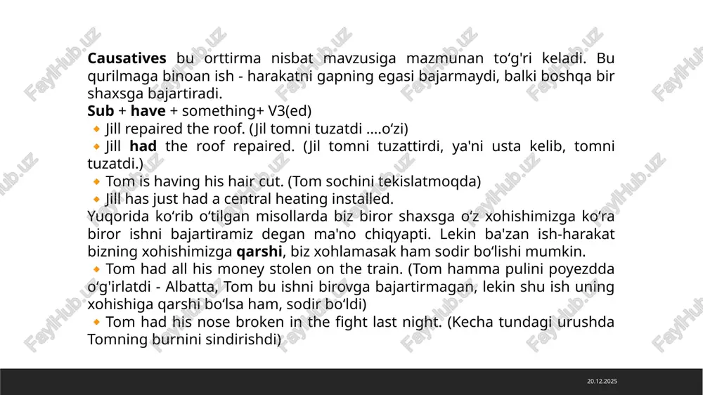 to schedule the meeting.) 27.02.2025 3. get (persuade or convince someone to do something) structure: get + object + to + verb example: she got her brother to help her with homework. (she convinced her brother to help her.) 4. let (allow someone to do something) structure: let + object + base verb example: my parents let me stay out late. (my parents allowed me to stay out late.) 5. help (assist someone in doing something) structure: help + object + (base verb / to + verb) example: he helped me fix my car. (or) he helped me to fix my car. (both forms are correct.) 28.02.2025 thanks for your attention! image1.jpeg image2.jpg have something done b do something (you do it yourself) t'm cutting my hair. have + object + past participle test-englishgcom get something done (-have something done) i should get my eyes tested. (tim doing it myeale) …