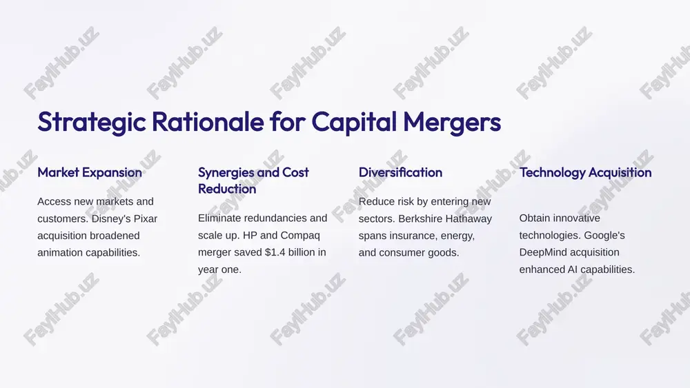 transactions analyze past similar deals. 6 case study: successful capital merger dow and dupont merger merged in 2017, valued at $130 billion. synergies $3b in cost savings and $1b in growth. market impact strengthened market position. 7 tax implications deal structure minimize tax exposure. 1 capital gains 2 varying rates tax rates differ by state. 3 8 conclusion: maximizing returns and minimizing risks significant opportunities growth and value creation. thorough due diligence strategic planning and execution. diversification risk management are crucial. stay informed market trends and regulations. 9 image1.jpeg image2.png image3.jpeg image4.png image5.jpeg image6.jpeg image7.png image8.png image9.png image10.png image11.jpeg image12.jpeg image13.png image14.png image15.png image16.png image17.png image18.png image19.jpeg @ made with gamma ‘thee! mare voy feeling fand was to a emarafer, sedding thin your ‘sefora laive hour thne poteme anskinctural you srapfial actinent ‘and doms to rnyest not to dide ond ventura. the vots. yor lo to gade and sloves west …