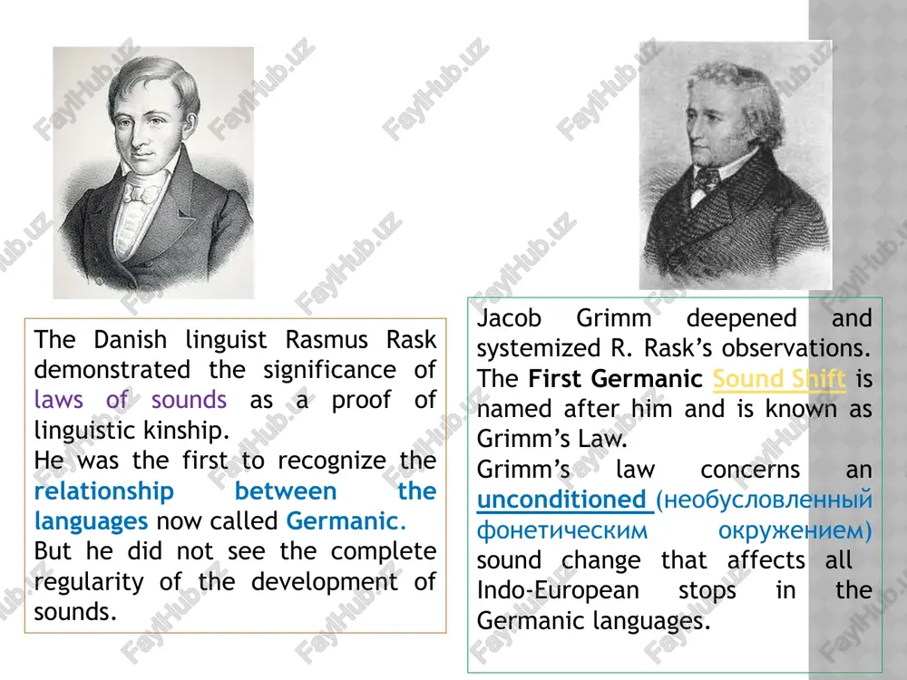 mjöd english: warm dutch, german: warm, swedish: varm germanic consonant shift ie p, t, k, kw germ. f, ѳ (þ), h, hw ie b, d, g, gw germ. p, t, k, kw/k ie bh, dh, gh, ghw germ. b, d, g, gw mnemonic rule exceptions to grimm’s law: 1. the ie [p, t, k] remained unchanged after the sound [s]: lat. piscis gth. fisks 2. only the first of a group of voiceless stops changed to a spirant: lat. octo gth. ahtau lat. noctis gth. nahts rask's and grimm's work pointed out prominent correlations between the germanic and other indo-european languages of europe and western asia. the law was a systematic and coherent formulation, well supported by examples. it is important for historical linguistics because it clearly demonstrates the principle that sound change is a regular phenomenon and not a random process affecting only some words. verner's law verner's law, …