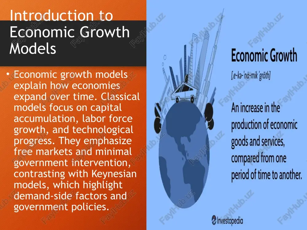 on increases industrial profits, leading to capital investment and economic expansion. over time, the economy industrializes and incomes rise. criticisms of classical growth models classical models assume perfect competition, stable capital-labor substitution, and minimal government intervention. critics argue that they overlook market failures, inequality, and institutional factors that influence real-world economic growth. conclusion classical growth models laid the foundation for understanding long-term economic expansion. solow’s model emphasized technology, meade analyzed macroeconomic factors, and lewis explained industrialization. modern economists build on these theories by incorporating human capital, innovation, and sustainability. image2.png image3.png image4.jpeg image5.jpeg image1.png economic growth je-ka-nd-mik prt] an increase in the production of economic goods and services, compared ftom one period of time to another. a investopedia /docprops/thumbnail.jpeg sein oy res prone hae