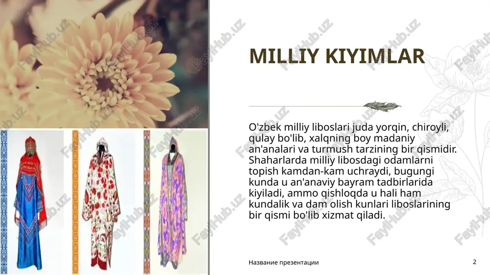 uchun, ayolning libosida ko'k va binafsha ranglarning keng tarqalganligi erining yuqori mavqei haqida gapiradi va yashil rangli naqshlar ko'pincha dehqonlar va hunarmandlar tomonidan ishlatilgan. oyoq kiyimi mahsi (ichigʻi — orqasi yoʻq, tagligi yumshoq, toʻpigʻi yoʻq chiroyli etik) va dagʻal charmdan yoki rezinadan tikilgan etiklardan iborat boʻlgan. bu bugungi kungacha obro'ga ega bo'lgan juda qulay va issiq poyabzal edi. ayollar va erkaklar milliy bosh kiyimi. do'ppilar zagolovok prezentatsii 8 an’anaviy o‘zbek kiyimidagi asosiy detallardan biri bu bosh kiyimdir. markaziy osiyoning koʻpgina mamlakatlarida, jumladan, oʻzbekistonda milliy bosh kiyimi doʻppi hisoblanadi. do'ppi nomi turkiy "tube" dan kelib chiqqan bo'lib, "yuqori, tepa" deb tarjima qilinadi. uni erkaklar, ayollar va bolalar kiyishadi. faqat yoshi katta ayollar do'ppi kiymaydi. nazvanie prezentatsii 9 endi yirik shaharlarda do'ppi kiygan odamni ko'rish kamdan-kam uchraydi va ko'pincha bu oilaviy va diniy bayramlar uchun kiyimning muhim detalidir. an'anaviy do'ppi tetraedral konussimon shaklga ega bo'lib, u qora rangda, 4 ta "qalampir" va …