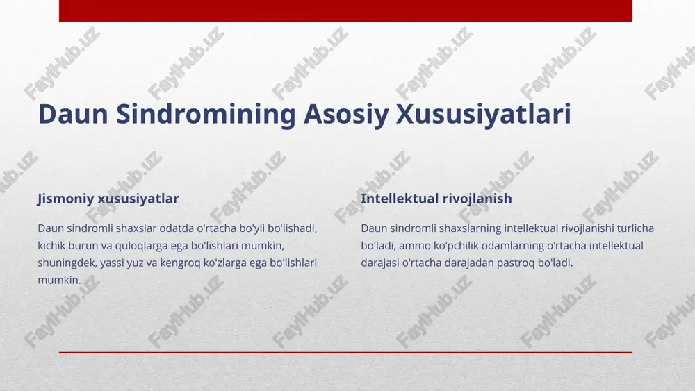 shirish uchun ta'lim va rivojlanish imkoniyatlariga ega bo'lishlari kerak. 5 daun sindromli shaxslarning ijtimoiy integratsiyasi ijtimoiy muhit daun sindromli shaxslar jamiyatda bir xil huquqlarga ega bo'lishlari, o'z tengdoshlari bilan birga yashlashlari kerak. stereotiplarni yo'qotish daun sindromli shaxslar haqida mavjud bo'lgan stereotiplarni yo'qotish va ularni qabul qilish muhimdir. qo'llab-quvvatlash jamiyat tomonidan qo'llab-quvvatlash va yordam ko'rsatish, ularning ijtimoiy hayotiga integratsiyalashishga yordam beradi. 6 daun sindromli shaxslarning mehnat faoliyatlari 1 imkoniyatlar yaratish daun sindromli shaxslar uchun mehnat bozorida imkoniyatlar yaratish, ularning qobiliyatlaridan foydalanish muhimdir. 2 qo'llab-quvvatlovchi muhit mehnatga layoqatli shaxslarga qo'llab-quvvatlovchi muhit, o'qitish va mentorlik dasturlari kerak. 3 integratsiya daun sindromli shaxslarni mehnat bozoriga integratsiya qilish, ularning ijtimoiy hayotlarini boyitishga yordam beradi. 7 daun sindromli shaxslarga yordam ko'rsatish borasidagi strategiyalar 1 tushunish daun sindromini tushunish, uning xususiyatlari va muammolarini bilib olish zarur. 2 qabul qilish daun sindromli shaxslarni qabul qilish, ularning huquqlarini himoya qilish muhimdir. 3 qo'llab-quvvatlash jamiyat tomonidan qo'llab-quvvatlash, inklyuziv muhit yaratish …