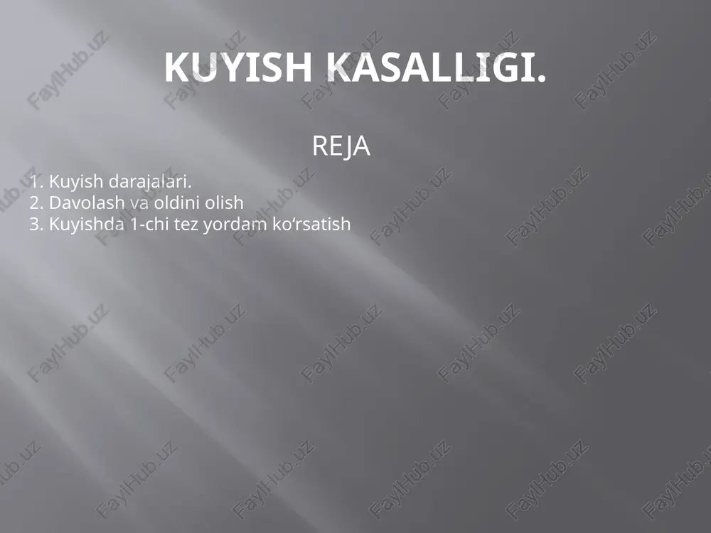 bab bo‘lishi mumkin. 🔹 shifokor maslahati bilan antibiotikli malhamlar (masalan, "panthenol", "bepanten", "levomekol") qo‘llash mumkin. 3-darajali kuyishlarda zudlik bilan tez yordam chaqirish lozim! ⚠️ nima qilish mumkin emas? ❌ kuygan joyga moy yoki tish pastasi surish mumkin emas. ❌ qaynoq joyni muz bilan sovutish mumkin emas. ❌ infektsiyani oldini olish uchun steril bog‘lov qo‘yish shart. maxsus kuyish turlari va ularning davosi 🔸 kimyoviy kuyish – kislotali yoki ishqoriy moddalar bilan shikastlanish. zudlik bilan suv bilan yuvish va neytrallovchi vositalar qo‘llash (masalan, kislotalar uchun soda eritmasi, ishqorlar uchun sirka eritmasi). 🔸 elektr toki ta’siridan kuyish ichki to‘qimalar shikastlanishi mumkin, shuning uchun darhol shifokorga murojaat qilish kerak. 🔸 quyosh nurlari bilan kuyish aloe vera, panthenol kabi tinchlantiruvchi kremlar va ko‘p suyuqlik ichish tavsiya etiladi. kuyish belgilari shok; rangparlik; tez nafas olish; tezlashgan yurak urishi; xushdan ketish; kuchli og'riq; terining qizarishi; terida pufakchalar; diagnostikasi diagnostika kuyishlarni tashxislash va darajasini aniqlash uchun ular jarroh …