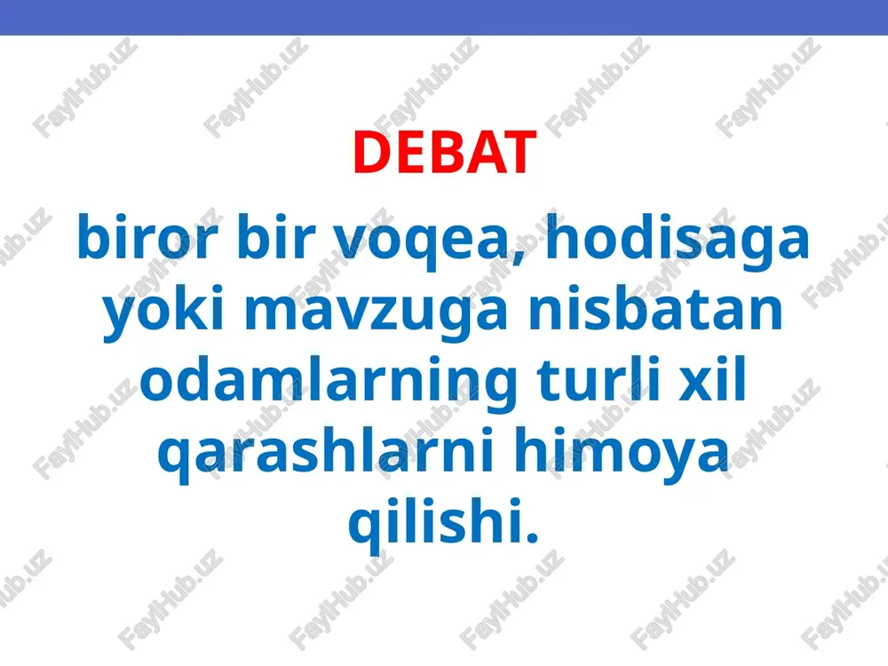 … argument 2 … … xulosa chiqarib, o`z nutqini quyidagi so`zlar bilan tamomlaydi: “chappa-rosta savollarga javob berishga tayyorman”. i 3 ning savollariga javob berib, o`zi i 2 ga savol beradi. (barcha argumentlarni faqat t1 taqdim etadi) i 1 – 6 daqiqa hamma bilan salomlashadi va o`z jamoasini taqdim etadi. debatning mavzusini e’lon qilib, uni inkor etadi va tarafining ahamiyatini ochib beradi. agar t-jamoasining tushunchalarining ta’riflari ma’qul kelmasa, o`z tushunchalarini taqdim etadi. t jamoaning kriteriysini qabul qiladi yoki o`z kriteriysini taqdim etadi. t jamoasining hamma argumentlarini birma-bir inkor etadi. o`z argumentlarini taqdim etadi: argument 1… argument 2… … xulosa chiqarib, o`z nutqini quyidagi so`zlar bilan tamomlaydi: “chappa-rosta savollarga javob berishga tayyorman”. t 3 ning savollariga javob berib, t 2 ga savol beradi. (barcha argumentlarni va qarama-qarshi argumentlarni i 1 taqdim etadi) t 2– 5 daqiqa hamma bilan salomlashadi. “rebuttal” qilib, o`z nuqtai nazarini tiklaydi. o`z argumentlarini yangi dalillar bilan mustahkamlaydi. (yangi …