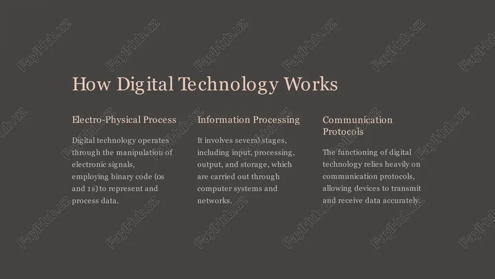 ovation and creativity enabling the development of new products, services, and solutions through digital platforms and tools. 5 challenges and concerns of digital technology data security risks issues related to data breaches, cyber threats, and privacy invasions are significant concerns. digital divide the unequal access to technology and the internet, creating disparities in information and opportunities. dependency and addiction the overuse and reliance on digital devices can lead to addiction and negative health impacts. 6 impact of digital technology on various industries healthcare revolutionizing patient care through electronic health records, telemedicine, and medical imaging technology. finance transforming banking services, digital payments, and cryptocurrency transactions. manufacturing implementing automation, robotics, and data analytics to enhance production processes. 7 future trends in digital technology artificial intelligence advancements in ai applications, machine learning, and deep learning algorithms. internet of things (iot) expansion of iot devices and interconnected systems for smart environments and data collection. …