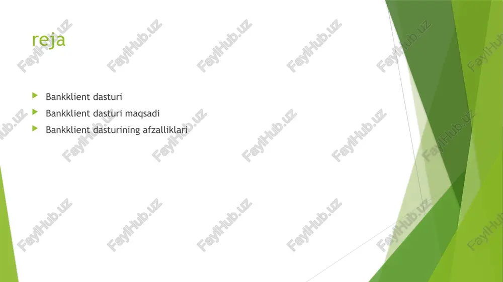 oki telefon orqali kirish mumkin – istalgan joydan foydalanish qulayligi. 3. avtomatik to‘lovlar sozlash har oyda ijara, kredit yoki boshqa xizmatlar uchun avtomatik to‘lovlarni sozlash mumkin. 4. sms/e-mail xabarnomalar hisobdagi harakatlar, to‘lovlar yoki balans o‘zgarishlari haqida tezkor xabarnomalar keladi. 5. valyuta ayirboshlash onlayn tarzda real vaqt rejimida valyuta kurslari asosida ayirboshlash amaliyotlarini bajarish. bankklient dasturining afzalliklari juda ko‘p. quyida asosiy afzalliklarini keltiraman: 1. tezlik va qulaylik bank filialiga bormasdan, ko‘plab moliyaviy operatsiyalarni onlayn bajarish mumkin. ishonchli va tezkor xizmat ko‘rsatish – vaqtni tejaydi. 2. xarajatlarni kamaytiradi hisob yuritish, to‘lovlar va boshqa xizmatlar uchun bank filialiga murojaat qilmaslik xarajatlarni kamaytiradi. 3. xavfsizlik elektron raqamli imzo (eri), parol va ikki bosqichli autentifikatsiya orqali ma’lumotlar himoyalangan bo‘ladi. 4. doimiy nazorat hisobdagi mablag‘lar, to‘lovlar, kirim-chiqimlar ustidan doimiy nazorat qilish imkoniyati. 5. moslashuvchanlik yuridik va jismoniy shaxslar uchun alohida imkoniyatlar va funksiyalar mavjud. ko‘p foydalanuvchilik funksiyasi – xodimlarga rollar bo‘yicha ruxsat berish. 6. avtomatlashtirish davriy …