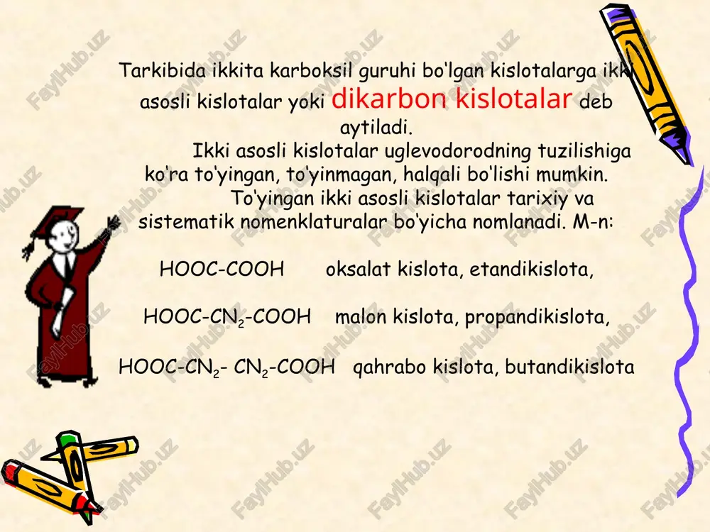 sintezlarni amalga oshirishda malon efiridan foydalaniladi. to’yinmagan ikki asosli dikarbon kislotalar fumar va malein kislota to’yinmagan ikki asosli kislotalarning eng oddiy vakilidir. hooc - ch = ch - cooh stereokimyoviy nazariyaga ko’ra 1,2 –etilendikarbon kislota ikkita geometrik izomer holida bo’lishi mumkin. h - c - cooh ii h - c - cooh hooc - c - h ii h - c - cooh sis-forma trans-forma bu ko’rinishdagi kislotalar ma’lum bo’lib, ular malein (sis-forma) va fumar (trans-forma) kislota deb ataladi. fumar kislota o’simliklar tarkibida ayniqsa, qo’ziqorin tarkibida ko’p uchraydi. bu kislotaning nomi ham fumaria officinalis o’simligi nomidan kelib chiqqan. malein kislota tabiatda uchramaydi. olma kislota qizdirilganda ikki xil to’yinmagan kislota aralashmasi hosil bo’ladi. fumar va malein kislotalar xossalari jihatidan bir-biridan keskin farq qiladi. e’tiboringiz uchun raxmat!!!!! e’tiboringiz uchun raxmat!!!!!! - 2 n a c l + 2 h c l s o o h s o o h s - o …