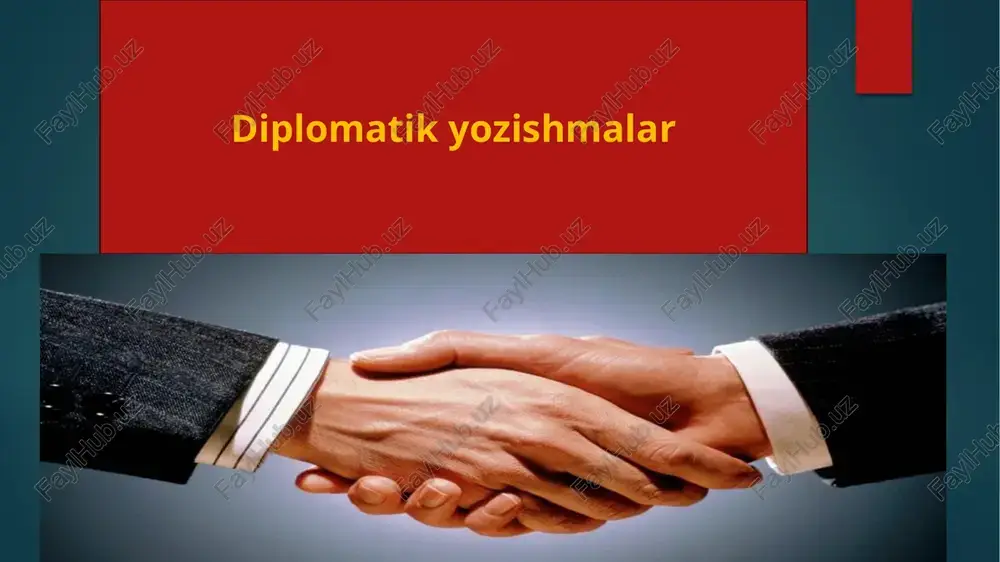`z o`rnida qo`yilishi lozim. o`tmishda noma, albatta, hukmdor tamgasi bilan muhrlangan. shoh muhri xukmdorlik belgisi hisoblanib, bunday muhrlangan hujjatlarga faqat ikkinchi bir shoh muhri orqaligina javob berish mumkin bo’lgan. bu, albatta, mamlakatlarning teng huquqliligining ifodasi bo’lgan. hozir ham diplomatik hujjatlar davlat gerbi bilan muhrlanadi. ular asosan davlat gerbi tasviri tushirilgan qog`ozga yoziladi. muhrning to`g`ri va o`z o‘rniga qo`yilishiga alohida e’tibor qaratiladi. muhr qiyshayib krlmasligi, undagi gerb tasviri, shuningdek, imzo ham aniq ko’rinib gurishi talab qilinadi. diplo­matik hujjatlar solib yuboriladigan paket (qonvert) xat (qog`oz) hajmi bilan bir xil bo’lishi kerak. diplomatik hujjatlarni pochta orqali yuborish tavsiya etilmaydi, ular shaxsan topshirilishi yoki kur`er (chopar) orqali yuborilishi mumkin. chopar paketni vakolatlangan shaxsga topshirishi va undan tilxat olishi kerak. diplomatik hujjatlarning shakli, tashqi ko’rinishi qanchalik muhim bo’lmasin, diqqat-e’tibor asosiy qismga, uning mazmuniga qaratilmogi lozim. fikrni aniq ,mantiqiy) izchil, asosli hamda ikkinchi tomonning xususiyatlarini hisobga olgan holda bayon etish zarur. ushbu hujjatlarda noaniqlik dalillarni noto`g`ri …