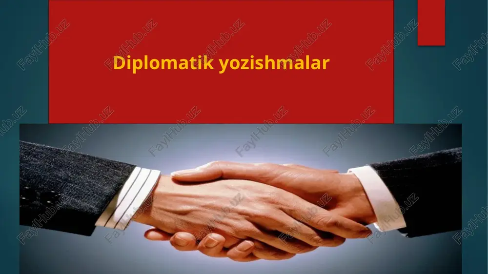 `z o`rnida qo`yilishi lozim. o`tmishda noma, albatta, hukmdor tamgasi bilan muhrlangan. shoh muhri xukmdorlik belgisi hisoblanib, bunday muhrlangan hujjatlarga faqat ikkinchi bir shoh muhri orqaligina javob berish mumkin bo’lgan. bu, albatta, mamlakatlarning teng huquqliligining ifodasi bo’lgan. hozir ham diplomatik hujjatlar davlat gerbi bilan muhrlanadi. ular asosan davlat gerbi tasviri tushirilgan qog`ozga yoziladi. muhrning to`g`ri va o`z o‘rniga qo`yilishiga alohida e’tibor qaratiladi. muhr qiyshayib krlmasligi, undagi gerb tasviri, shuningdek, imzo ham aniq ko’rinib gurishi talab qilinadi. diplo­matik hujjatlar solib yuboriladigan paket (qonvert) xat (qog`oz) hajmi bilan bir xil bo’lishi kerak. diplomatik hujjatlarni pochta orqali yuborish tavsiya etilmaydi, ular shaxsan topshirilishi yoki kur`er (chopar) orqali yuborilishi mumkin. chopar paketni vakolatlangan shaxsga topshirishi va undan tilxat olishi kerak. diplomatik hujjatlarning shakli, tashqi ko’rinishi qanchalik muhim bo’lmasin, diqqat-e’tibor asosiy qismga, uning mazmuniga qaratilmogi lozim. fikrni aniq ,mantiqiy) izchil, asosli hamda ikkinchi tomonning xususiyatlarini hisobga olgan holda bayon etish zarur. ushbu hujjatlarda noaniqlik dalillarni noto`g`ri …
