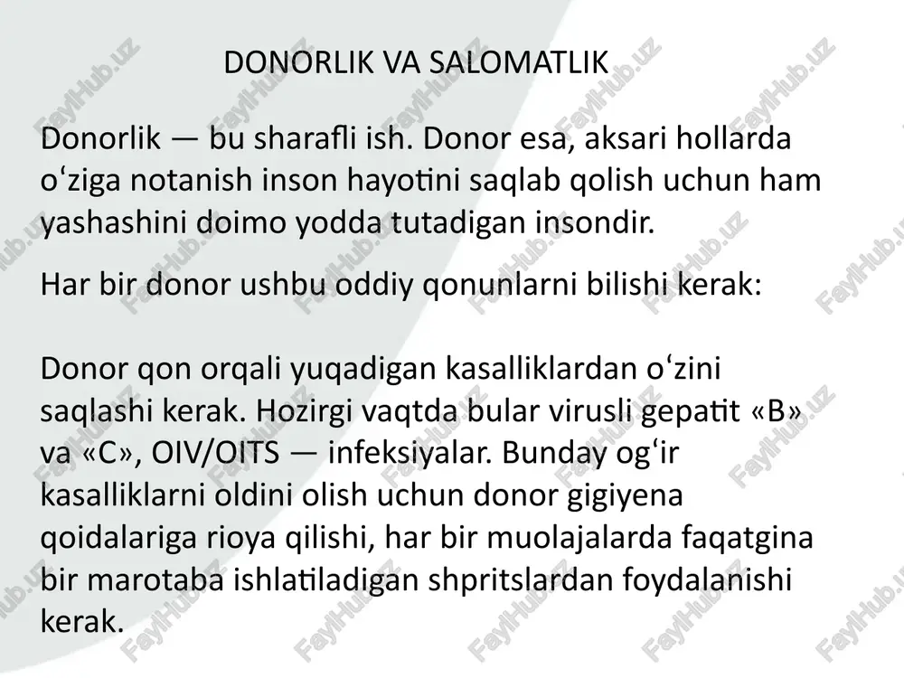 y tahlillar bepul o‘tkaziladi (umumiy qon tahlili, jigar ko‘rsatkichlari, qon guruhini va rezus omilini aniqlash, oiv/oits, gepatit «b» va «c», brutsellez, zahm kasalligini aniqlaydigan rw); 3)qon quyish markazida yuqori toifali shifokorlar ko‘rigi va ikki kunlik ish haqi saqlangan holda dam olishi uchun qon topshirganligi haqida ma’lumotnoma beriladi (qon topshirgan kuni va donor xohlagan boshqa bir kun). donor va uning huquqlari qon topshirish jarayoni qon topshirish markazlari va hududiy qon yig‘ish bo‘linmalarida 6 ta bosqichda amalga oshadi. markazga kelgandan qon topshirib ketguningizgacha 1 soat vaqtingizni ajratishingiz kerak bo‘ladi. donorlik uchun qon topshirish jarayoni qanday kechadi? birinchi bosqich: tibbiy so‘rovnomani to‘ldirish qon topshirish hududiga kelgan har bir donorga donorlik qilish uchun so‘rovnoma berilib, uni to‘ldirish so‘raladi. bu so‘rovnomadagi savollar «donor va bemor xavfsizligi»ni ta’minlovchi muhim bo‘lgan tushunchalarni o‘z ichiga oladi: 1)sog‘lig‘ingiz holati, isitma, gripp, so‘ngi qabul qilingan dorilar, yurak xastaliklari, surunkali kasalliklar, jarrohlik muolajalari va boshqalar; 2)hayotingizda yuz bergan va sog‘lig‘ingiz uchun …