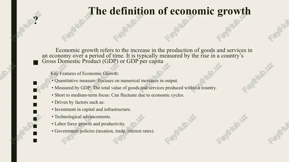 abor force growth and productivity. • technological advancements. • government policies (taxation, trade, monetary policy). factors influencing economic development • education and skill development. • healthcare and life expectancy. • income equality and poverty reduction. • sustainable resource management. • political stability and governance. policies to promote sustainable growth and development policies to promote sustainable growth and development • investing in education and healthcare. • encouraging technological innovation. • strengthening governance and reducing corruption. • sustainable environmental policies. challenges in achieving both economic growth and economic development achieving both economic growth and economic development simultaneously can be difficult due to several challenges, including structural, social, and environmental factors. 1. income inequality • economic growth may not be evenly distributed, leading to a widening gap between the rich and the poor. • without proper policies, wealth accumulation benefits only a small portion of the population. • example: many developing countries experience …