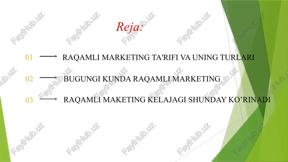 htirish va mahsulotlarini namoyish qilishni boshladilar. elektron pochta marketingi: massaviy elektron pochta xabarlarini yuborish orqali mijozlarga yetib borishga urinishlar amalga oshirildi (spam ham shu davrda paydo bo’ldi). bannerli reklama: veb-saytlarda bannerlar joylashtirilib, reklama qilinish boshlandi. qidiruv tizimi optimallashtirish (seo)ning ilk shakllari: veb-saytlarni qidiruv natijalarida yuqori o’rinlarga chiqarishga urinishlar paydo bo’ldi. xususiyatlari: asosan statik, bir tomonlama aloqa, o’lchov va hisob-kitoblar murakkab edi. 2. o’zaro ta’sir davri (2000-yillar): rivojlanishi: internet tezligi oshdi, keng polosali ulanishlar ommalashdi, ijtimoiy media platformalari paydo bo’ldi. shakllari: qidiruv tizimi marketingi (sem) va ppc: google adwords (hozirgi google ads) kabi platformalar paydo bo’lib, to’lovli reklama imkoniyatlari yaratildi. ijtimoiy media marketingi (smm): facebook, twitter, linkedin kabi ijtimoiy media platformalarida brend sahifalari yaratildi, kontent tarqatish va o’zaro aloqalar yo’lga qo’yildi. bloglar va kontent marketingi: bloglar orqali qiziqarli kontent yaratish va auditoriyani jalb qilish uslubi rivojlandi. elektron pochta marketingini takomillashtirish: segmentatsiyalash, avtomatlashtirish va shaxsiy xabarlarni yuborish kabi ilg’or usullar qo’llanildi. xususiyatlari: …