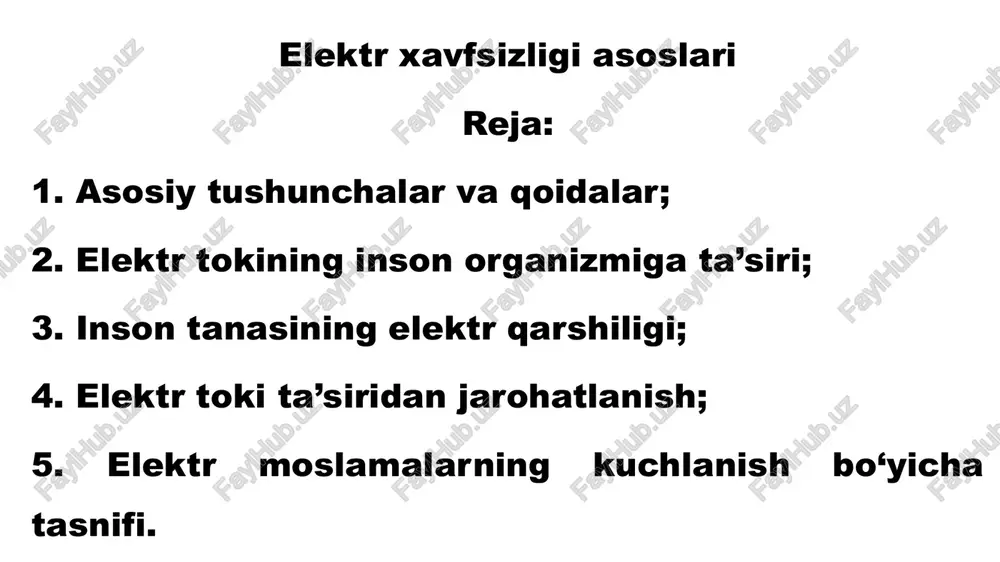 a’lumotlar jumlasiga kiradi. 3 fazali transformatorlar sxemasi: a-yerga ulangan neytralli; b-izolyasiyalangan neytralli; v-nol o‘tkazgichli yerga ulangan neytralli; g –nol o‘tkazgichli izolyasiyalangan neytralli liniya va faza toklari pen - o’tkazgich - himoya qiluvchi va ishchi nol o'tkazgichlar funktsiyalarni birlashtiradigan o'tkazgich; pem - o’tkazgich - himoya qiluvchi va o'rta nuqta o’tkazgichlar funktsiyalarni birlashtiradigan o'tkazgich; pel – o’tkazgich - himoya qiluvchi va chiziqli o'tkazgichlar funktsiyalarni birlashtiradigan o'tkazgich; elektr tokining inson organizmiga ta’siri: elektrolitik; mexanik; biologik; issiqlik. inson tanasi qarshiligini ekvivalent sxemasi r-teri va ichki to‘qimalarni aktiv qarshiligi, om; s- terini elektrik sig‘imi, f teri, asosan quruq va o'lik hujayralaming qattiq qatlamlaridan tashkil topganligi sababli katta qarshilikka ega va u umuman inson organizmining qarshiligini ifodalaydi. organizm ichki organlarining qarshiligi uncha katta emas. odamning quruq, zararlanmagan terisi 2.000 dan 20.000 om gacha va undan yuqori qarshilikka ega bo‘lgani holda, namlangan, zarar langan teri qarshiligi 40—5000 om qarshilikka ega bo‘ladi va bu qarshilik inson ichki a’zolari …