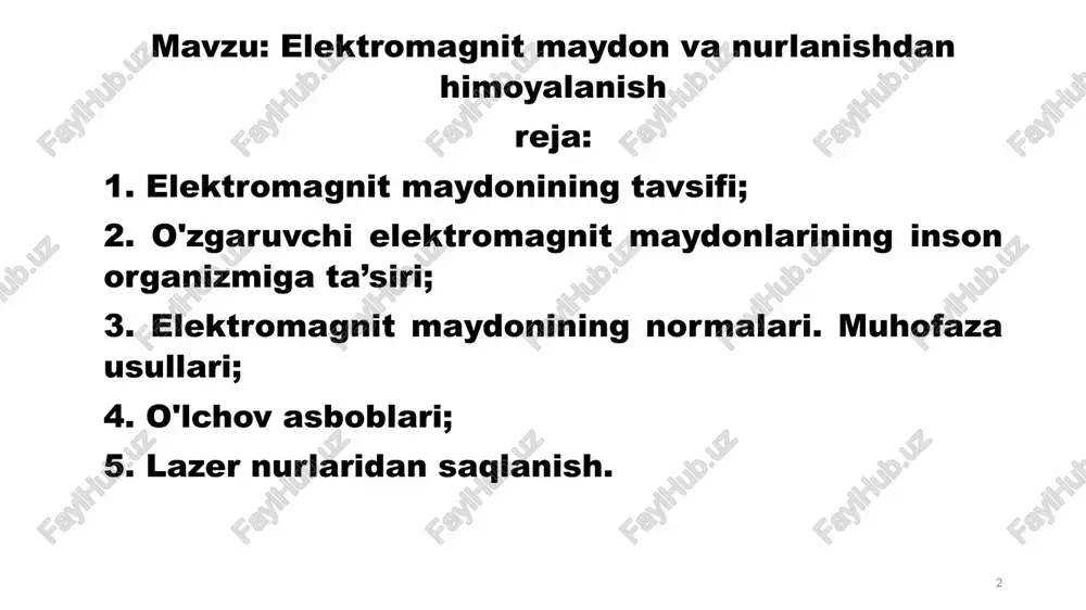 ridagi nozik elektr potensiallari ishini buzish va suyuqlik aylanish funksiyalarining o'zgarishi hisobiga bo’ladi. tebranish chastotasining ortishi tana o‘tkazuvchanligini va energiya yutish nisbatini oshiradi, ammo kirib borish chuqurligini kamaytiradi. uzunligi 10 sm dan qisqa bo’lgan to’lqinlarning asosiy qismi teri hujayralarida yutilishi tajriba asosida tasdiqlangan. 10—30 sm diapazondagi nurlanishlar teri hujayralarida kam yutiladi (30—40%) va asosan ularning yutilishi insonning ichki organlariga to‘gri keladi. bunday nurlanishlar nihoyatda xavfli hisoblanadi. 9 10 11 12 elektr himoyalovchi vositalar dielektrik qo’lqop rezina etik qo’lqopni tekshirish rezina gilamcha yog’och taglik kalish 13 elektr kuchlanishi ko’rsatgichlari ikki qutbli ikki qutbli sig’imli kontaktsiz 14 ma’ruzamiz tugadi ! marhamat mavzu bo’yicha savollar ??? 15 audio1.wav image1.jpeg image2.jpeg image3.jpeg image4.jpeg image5.jpeg image6.jpeg image7.jpeg image8.jpeg image9.jpeg image10.jpeg image11.jpeg image12.jpeg image13.jpeg image14.jpeg image15.jpeg image16.jpeg image17.jpeg image18.jpeg image19.jpeg image20.jpeg image21.jpeg image22.jpeg image23.jpeg image24.jpeg image25.jpeg hozirgi zamon texnika taraqqiyoti davrida yugori chastotalarga ega bo'lgan magnit maydonlaridan har xil texnika ishlarida, masalan, metallarni qizdirib toblash, eritish, …