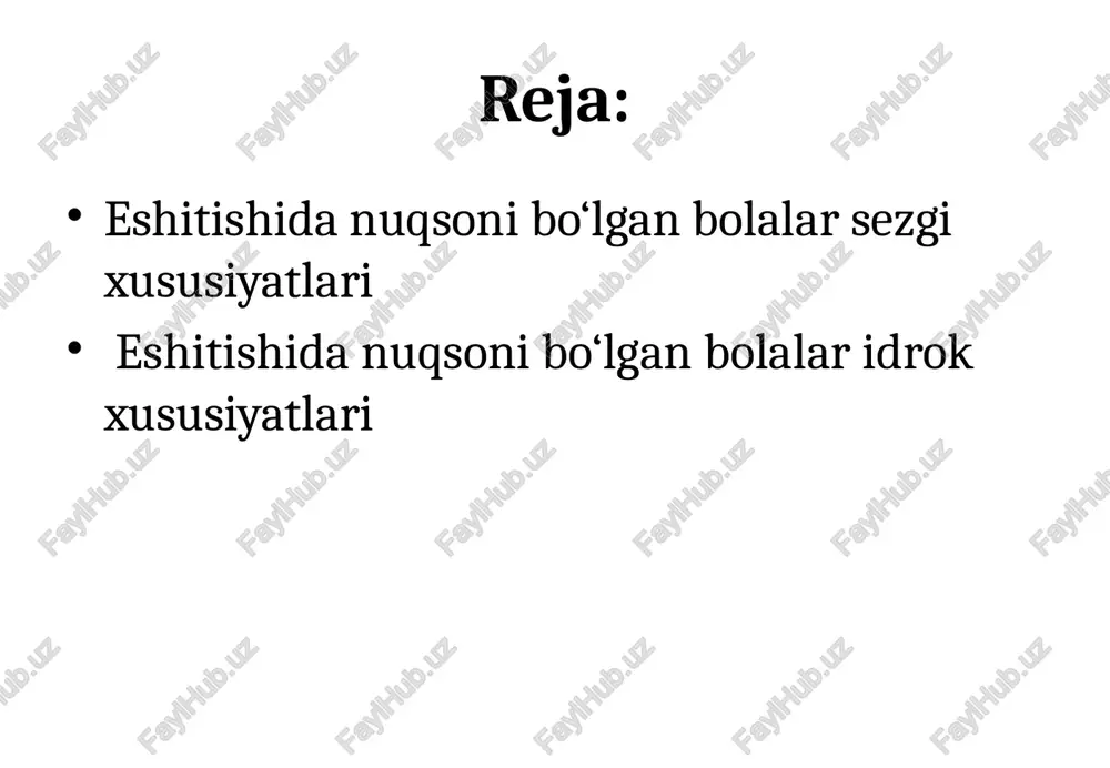 arlar butun so'zlarning vizual artikulyatsion tasvirlarini ajrata oladilar. vizual sezgilarga qo'shimcha ravishda, karlar orasida bilish jarayonida taktil va harakat sezgilari ham muhim rol o'ynaydi. inson harakat va eshitish analizatorlari o’zaro bog’liqdir. bu eshitish analizatori shikastlanganda, tovush stimullarining nutq-harakat analizatoriga ta'siri qilmasligi natijasida - nutqning rivojlanmasligida yaqqol namoyon bo’ladi. eshitish analizatorining buzilishi natijasida artikulyatsion harakatlar sust va noaniq bo’ladi. kar bolalardagi eshitish buzilishlari nafaqat artikulyatsion harakat sezgilariga, balki nafas olish apparatiga ham salbiy ta'sir ko’rsatadi. ko'pgina surdopedagoglar (v. i. fleri, n. m. lagovskiy, f. a. rau) kar bolalar harakat sezgilarining o'ziga xos xususiyatlarini o’rganganlar, bu karlarning harakatlarida ba'zi diskoordinatsiyani, harakatlanishdagi o’zgarishlar, noteksiliklarni namoyon bo’lishi bilan xarakterlanadi. enb bolalar, atrofdagi tovushlarni eshitmaganliklari tufayli, fazoda harakat qilishda qiyinchiliklar kuzatilishi mumkin, shuningdek fazoviy hamda vaqt tasavvurlari ham sog’lom tengdoshlariga qaraganda sekinroq rivojlanadi. e’tiboringiz uchun rahmat! image1.jpeg image2.jpeg image3.jpeg image4.jpeg image5.jpeg image6.jpeg image7.jpeg image8.jpeg image9.jpeg image10.jpeg image11.jpeg image12.jpeg « z /docprops/thumbnail.jpeg eshitishida nugsoni bo‘lgan bolalar …
