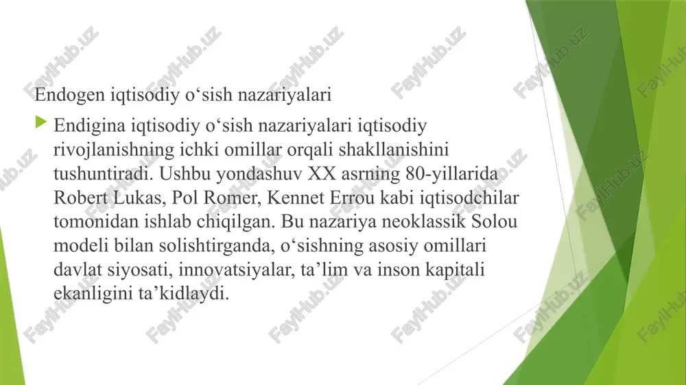 ng qo‘llaniladi. endogen o‘sish nazariyasining ahamiyati ✔ ta’lim va inson kapitali muhim → hukumat ta’lim tizimini rivojlantirishi lozim. ✔ innovatsiyalarni rag‘batlantirish kerak → ilmiy tadqiqot va ishlanmalar iqtisodiy o‘sishning asosiy omili hisoblanadi. ✔ davlat va xususiy sektor hamkorligi → innovatsiyalar va texnologik rivojlanishga investitsiyalar kerak. ushbu nazariya rivojlangan va rivojlanayotgan mamlakatlar uchun strategik yo‘nalishlarni belgilashda katta ahamiyatga ega. ak modeli (rebelo, 1991) kapitalga doimiy daromad mavjud, ya’ni kapital ortgan sari ishlab chiqarish pasaymaydi. hukumat siyosati va ta’lim dasturlari iqtisodiy oʻsishni tezlashtirishi mumkin. endogen oʻsish nazariyasining afzalliklari va tanqidiy tomonlari afzalliklari: ✔ innovatsiya va inson kapitalining o‘rni tushuntirilgan. ✔ hukumat siyosati va ta’lim muhim o‘rin tutadi. ✔ kamayib boruvchi daromadlilik doimo ro‘y bermaydi. tanqidiy jihatlari: ✖ texnologik taraqqiyotni aniq modelga solish qiyin. ✖ ilmiy izlanishlar natijalari uzoq muddatda seziladi. ✖ modelga ko‘ra, barcha davlatlar bir xil innovatsion salohiyatga ega deb qabul qilinadi, lekin real hayotda bu farqlanadi. amaliy tatbiq va siyosiy …