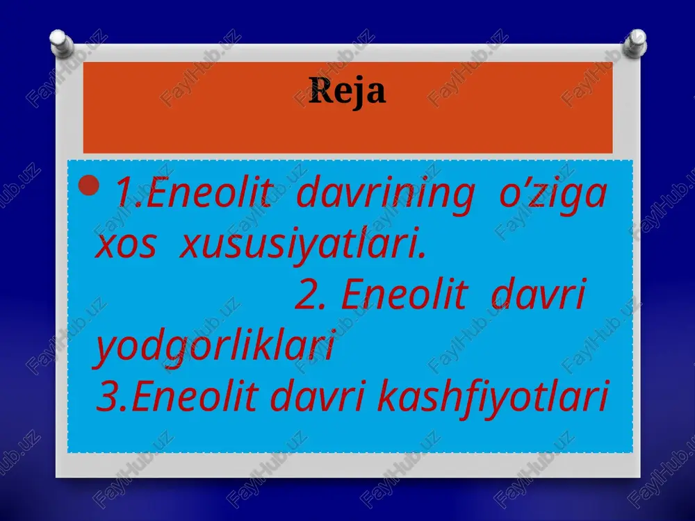 rangda bo’lganligi sababli, dastlab undan turli taqinchoqlar yasaganlar. 2-bosqichda misga olov orqali ishlov berib, undan turli mehnat qurollarining yasaganlar. misning olovda erish xususiyati tasoddifan topilgan. 3-bosqichda rudadan misni ajratib olish usuli kashf etilgan. 4-bosqichda mis bilan qalayning aralashmasidan qattiq metall, ya’ni bronza kashf etilgan. b.a.kuftin va v .m. massonning janubiy turkmanistonda olib borgan arxeologik tadqiqotlari asosida eneolit davrining rivojlanish bosqichlarini aniqladilar: ilk, o’rta, so’nggi bosqichlarga bo’ldilar. nomozgoh-1—ilk eneolit davriga, namozgoh-2— o’rta eneolit davriga , namozgoh-3—so’nggi eneolit davriga xosdir. sharqiy eron xududida mil.avv. vii ming yilliklarda, ikki daryo oralig’i va hindistonda mil.avv. vi ming yilliklarda, misr va bolkon yarim orolida mil.avv. v ming yilliklarda, sharqiy yevropa va qadimgi amerika xududlarida mil.avv. iv ming yilliklarda, janubiy amerikada mil.avv. i ming yilliklarda kashf etilgan. eneolit davrida sug’orma dehqonchilik va xonaki chorvachilik ibtidoiy xo’jalikning asosini tashkil etgan eneolit davri iqlim sharoiti hozirgi davrdan ancha farq qilgan. yog’ingarchilik ko’p bo’lgan. tog’ oldi soylari, daryolar sersuv …