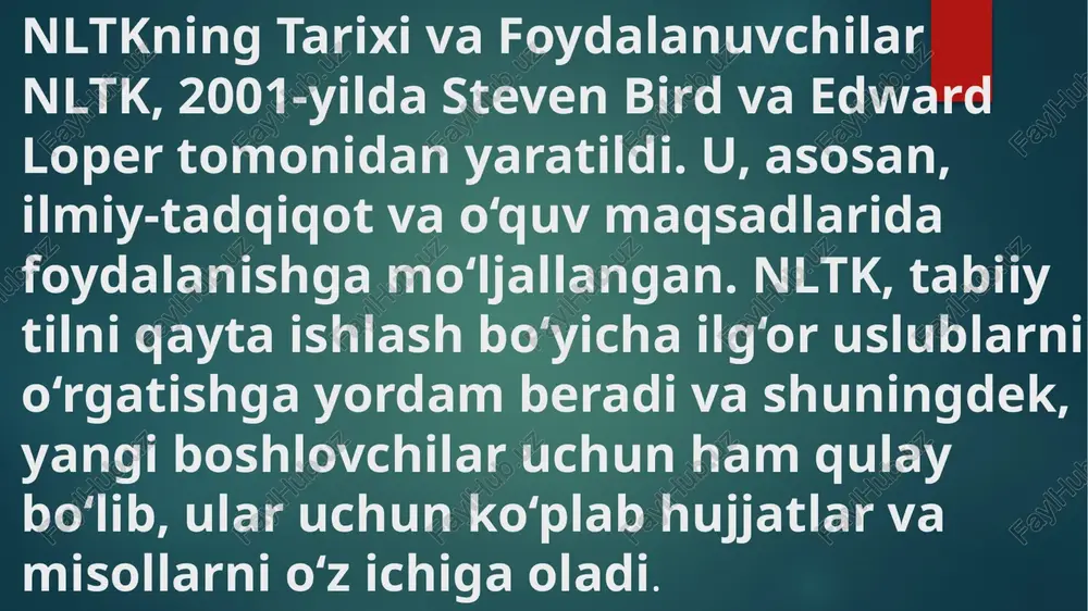 rivojlanishi modellarga odamlar muloqotidagi nuanslarni, jumladan kinoya, omonimlar, hazil va boshqalarni aniq tushunish imkonini berdi nlp ning eng asosiy ilovalaridan ba’zilari: haqiqiy vaqtda til tarjimasi elektron pochta xizmatlaridagi spam filtrlari ovozli yordamchilar va chatbotlar matnni umumlashtirish avtomatik tuzatish xususiyatlari hissiyotlarni tahlil qilish va boshqalar nlpning asosiy vazifalari matnni ajratish va tozalash so‘zlarning ma’nosini aniqlash (lemmatizatsiya va stemming) tilning grammatik tuzilishini tahlil qilish ma’noni anglash (semantik tahlil) matndan ma’lumot ajratish fikr (sentiment) tahlili tarjima va nutq bilan ishlash nlp (natural language processing) texnologiyasi bugungi kunda turli sohalarda keng qo‘llanilmoqda. inson va kompyuter o‘rtasidagi muloqotni soddalashtirish, matn va nutq ustida avtomatik ishlash kabi vazifalar tufayli nlp amaliyotda katta ahamiyat kasb etmoqda. bu texnologiya yordamida matnlar tahlil qilinadi, tarjima qilinadi, hissiy baholanadi, muhim ma’lumotlar ajratib olinadi va avtomatik javob tizimlari yaratilib, odam mehnatini yengillashtirishga xizmat qiladi. ijtimoiy tarmoqlarni tahlil qilish bir kompaniya yangi mahsulot chiqarganidan so‘ng, mijozlarning fikrlarini tahlil qilish uchun nlp asosidagi …