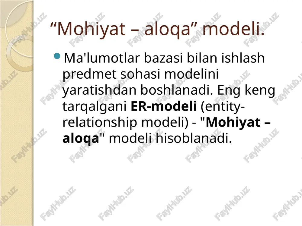 bog'laydigan aloqalar ternar deb ataladi. er modeliga misol: "musiqachilar" masala tavsifi musiqachilar, kompozitsiyalar va konsertlar haqidagi ma'lumotlarni saqlash uchun ma'lumotlar bazasini ishlab chiqish kerak. musiqachi nomi, tug'ilgan sanasi va tug'ilgan mamlakati bilan tavsiflanadi. kompozitsiyada nomi, bastakor va birinchi ijro sanasi haqida ma'lumotlar bor. musiqachi turli darajadagi mahoratga ega bo'lgan turli xil asboblarni chalishi mumkin. ijrochi-musiqachilardan ansambllar tuziladi. har bir ansambl, a'zolaridan tashqari, nomi, mamlakati va rahbari haqida ma'lumotlarni o'z ichiga oladi. va nihoyat, asarlarning ijrosi sanasi, mamlakati, ijro etilgan shahri, shuningdek, asarlarning ijrosietgan ansambl, dirijyor va asarning o'zi bilan tavsiflanadi. er modeliga misol: "musiqachilar“ er modeliga misol: «dorixonalar tarmog‘i» image3.tmp image4.emf oleobject1.bin image5.emf oleobject2.bin image6.emf oleobject3.bin image7.emf oleobject4.bin image8.wmf oleobject5.bin image9.emf oleobject6.bin image10.png image11.png image2.jpeg mohiyat (obyekt) xodim mohiyat atributi (obyektni tavsiflovchi xossalar) kalitli atribut (birlamchi kalit tarkibidagi atribit aloga de xodim tab№ fish lavozimi lavozimi tab№ xodim fish xodim tab№ fish lavozimi bo‘lim bo‘l№ bo‘lnomi tab№ rahbarlik qiladi 1 …