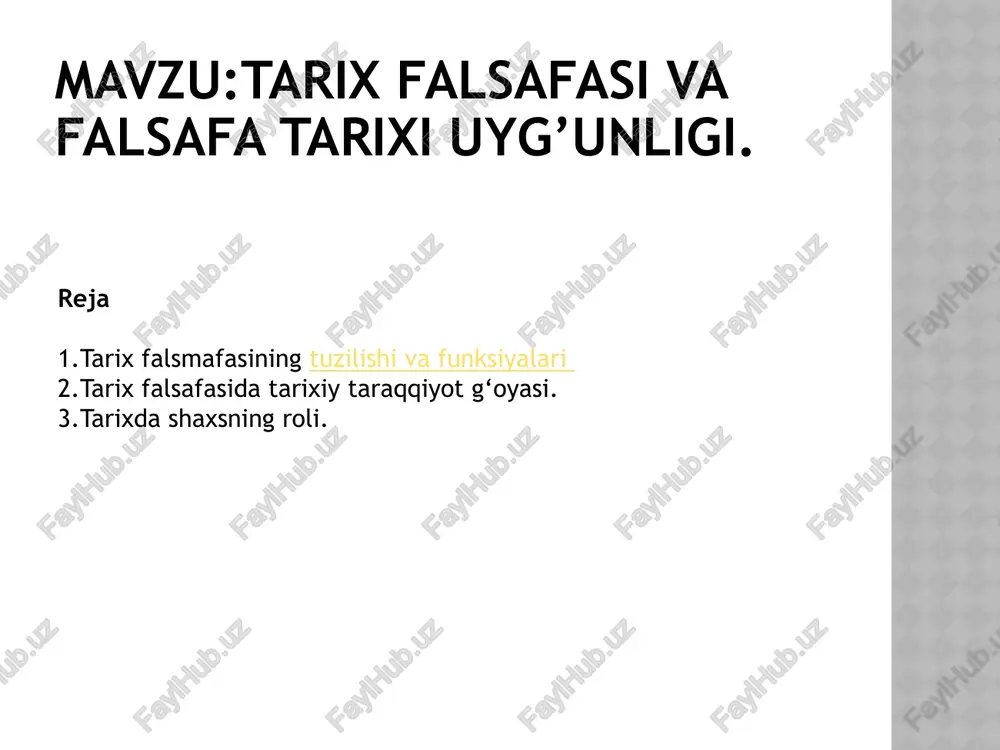 nma-ketin yuz beradigan voqyealar majmui sifatida namoyon bo‘lgan. tarix tavsifi ancha to‘liq bo‘lgan, ba'zan bo‘yab ko‘rsatilgan, lekin ularning hikoyatlari tarix haqida yaxlit tasavvur hosil qilish imkonini bermagan. bu narrativ tarixdir.(tarixchining talqini, interpretatsiyasi) keyinchalik qadimgi faylasuflar tarixni uzluksiz takrorlanib turadigan jarayonlar, «abadiy ortga qaytish» (f.nitsshe) sifatida tasavvur qilganlar. diniy an'ana tarixning butunlay boshqacha talqinini taklif qildi. o‘rta asrlarda ilohiy taqdir asosiy tarixiy kuch sifatida e'tirof etildi. tarixiy voqyealarning ichki mantiqi alohida mazmun kasb etdi: xudo nafaqat tarixiy jarayonni boshqaradi, balki adashgan insoniyatga gunohlardan forig‘ bo‘lish, jannatdagi boqiy hayotga erishish yo‘lini ko‘rsatadi. avreliy avgustin o‘zining «ilohiy shahar haqida» asarida boqiylik va muvaqqatlik, ilohiylik va dunyoviylikning birligi to‘g‘risida so‘z yuritadi. uning fikricha, iso masih insoniyatga boqiylik sari yo‘l ko‘rsatgan. tarixning mazmuni – boqiylikka eltuvchi yo‘ldan borishda, inson hayotining mazmuni esa – xudoga xizmat qilish, gunohlardan forig‘ bo‘lishdadir. ibn xaldun tarixning mazmuni haqida mulohaza yuritar ekan, uni, inson hayotining mazmuni kabi, tarix tugaganidan keyingina …
