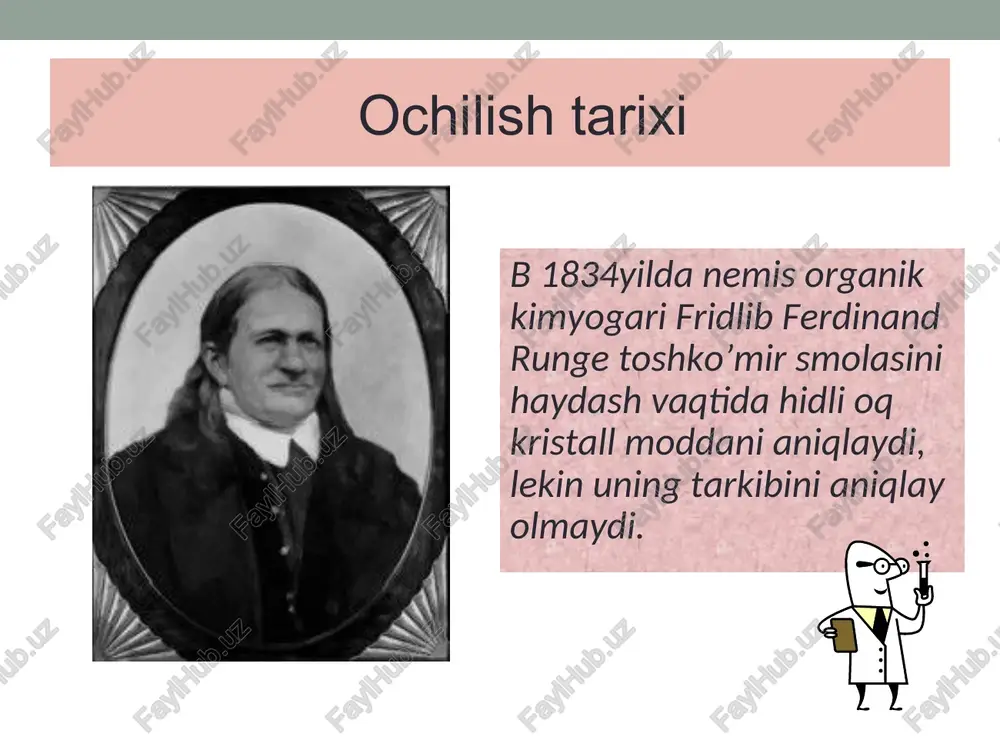 suvli eritmalarida erimaydigan toshko`mir smolasi uglevodorodlaridan ajratiladi. so`ngra fenolyatlar kislotalar bilan ishlanib, fenollarga aylantiriladi, nihoyat ularni qaytadan fraksion haydaladi va tozalanadi. 2. izopropil benzoldan fenol olish eng qulay usul hisoblanadi. bu usulda avval benzoldan izopropilbenzol (kumol) hosil qilinadi. so`ngra uni havo kislorodi bilan oksidlab, gidroperoksid hosil qilinadi. gidroperoksid kislotali muhitda fenol va asetonga aylanadi: 3. fenol shuningdek, benzolsulfokislotaning natriyli tuziga o`yuvchi natriy qo`shib, suyuqlanguncha qizdirilib olinadi (a.kekule reaksiyasi): c6h5so3na + naoh → c6h5oh + na2so3 4. aromatik galogenli birikmalardan xlorbenzolni gidroliz qilib, fenol olish mumkin: + naoh s6h5sl c6h5oh - naci reaksiya natijasida oz miqdorda difenil efir (c6h5)2o ham hosil bo`ladi. fenol va uning sanoatda ishlatilishi fenol rangsiz, o`ziga xos hidli kristall, u 43oc da suyuqlanib, 182oc da qaynaydi. uzoq vaqt ishlatilmasa, oksidlanib pushti ranga kiradi. fenol spirt va efirda yaxshi eriydi. suvda qizdirilganda eriydi. zaharli! teriga tegsa kuydiradi. fenol asosan sintetik smolalar va plastik massalar ishlab chiqarishda, shuningdek, bo`yoqlar, …