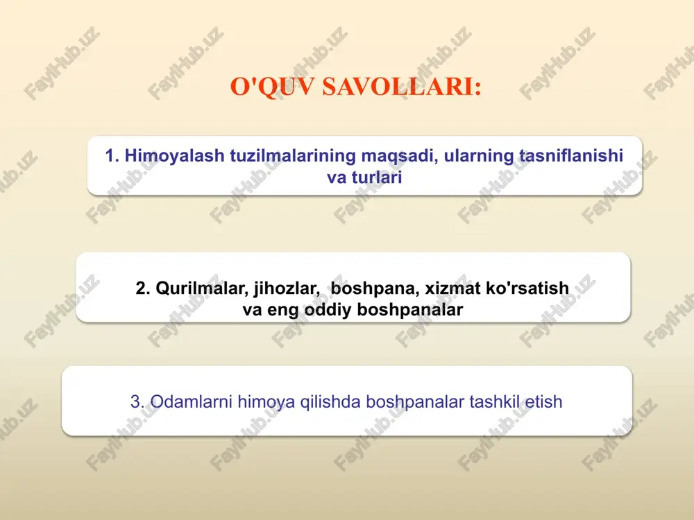 arajasini pasaytiradi turli xil favqulodda vaziyatlarning yuzaga kelishi mumkin bo'lgan salbiy oqibatlarga olib kelishi mumkin. aholini himoya qilish bo'yicha tayyorgarlik ishlari geografik usulda amalga oshiriladi. ular nafaqat tabiiy va texnogen tabiatning yuzaga kelishi mumkin bo'lgan favqulodda holatlarga bog'liq holda, balki harbiy harakatlarda yoki ularning oqibatida kelib chiqadigan xavf-xatarlarni hisobga olgan holda amalga oshiriladi, chunki bu choralarning asosiy qismi tinchlik va urush davrida samarali hisoblanadi. himoyalash tuzilmalari aholini turli xil favqulodda vaziyatlardan samarali himoya qilinishni hisobga olgan holda, ijro etuvchi organlar va mahalliy o'zini o'zi boshqarish organlari, barcha darajadagi davlat favqulodda vaziyatlar boshqaruvi organlari, korxona rahbarlari rejalashtirishi va amalga oshirishlari kerak. mavjud bo'lgan himoya tuzilmalarining holati, ularni o'z vaqtida ishlatishga tayyorligi, shuningdek, himoya qilish tizimlarini yanada to'ldirish bo'yicha choralar. himoya tarkibi potentsial xavfli ob'ektlarda sodir bo'lgan baxtsiz hodisalar va tabiiy ofatlar natijasida yuzaga keladigan zarar etkazadigan omillardan odamlarni, uskunalarni va mulkni himoya qilish uchun mo'ljallangan muhandislik strukturasi yoki ushbu ob'ektlarning joylashgan …