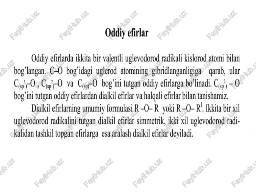 larga nisbatan past haroratda qaynaydigan, o’ziga xos hidli, rangsiz suyuliklardir. dialkil efirlar nisbatan inert moddalar bo’lib, gidrolizlanmaydi. sovugda natriy metali, pcs va ko’pchilik suyultirilgan ma’dan kislotalar bilan reaksiyaga kirishmaydi. dialkil efirlar alkanollar singari kuchsiz asos xossalariga ega bo’lib, kuchli kislotalar (masalan, hsso,, hcio, va hbr ) ta’sirida beqaror oksoniy tuzlarini hosil qiladi: ch;- ch, ch;-ch. . do: + h'hso, —— 0-h | hsof ch; - chs ch-cht, dietiloksoniy sulfati dialkil efirlarga lyuis kislotalari (bf, sncl,, mgcl, va hokazo) ta’sir ettir- ganda nisbatan bargaror koordinatsion komplekslar (efirat-lar) hosil bo’ladi: (cohs)20: + bf; ——+(c2hs)0*-bf3; yoki (c2hs),o:~ bf3 bortriftorid efirati bu eiiratiarda kisiorod atomining tagsimlanmagan elektron jultl hisobiga donor-aktseptor (koordinatsion) bog’ hosil bo’ladi. kontsentrlangan h,so, va hi ta’sirida, shuningdek, lyuis kislotalari ( aic, aibr, all, bcl, bbrs, sicls1) bilan qizdirilganda dialkil efirlarning c-o bog’i uziladi. kontsentrlangan iodid kislota hatto sovugda ham dialkil efirlarni parchalaydi: gh;-o-gh; + hi — > ©hsl + chsoh bu …